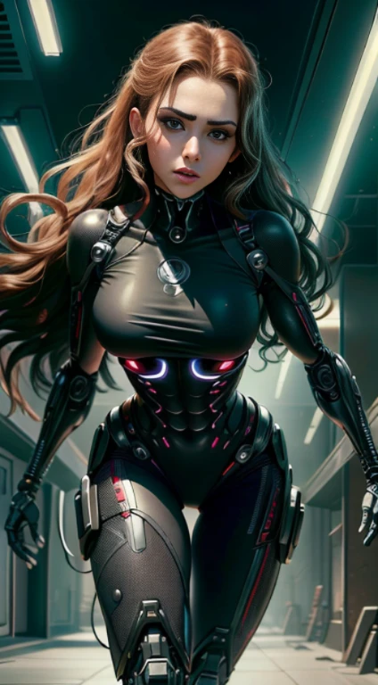 black widow sexy (Mamalhuda) от Marvel Comics, fantasy scenery, expondo os peitos, rosto detalhado, olhos detalhado, nariz detalhado, boca detalhado, cabelo bem vermelho, conceito de personagem, arte do personagem, retrato do personagem, tmasterpiece, melhor qualidade, best resolution, 8k, Cybernetic girl, prosthesis on the right arm the other normal arm, waist-down prosthesis.