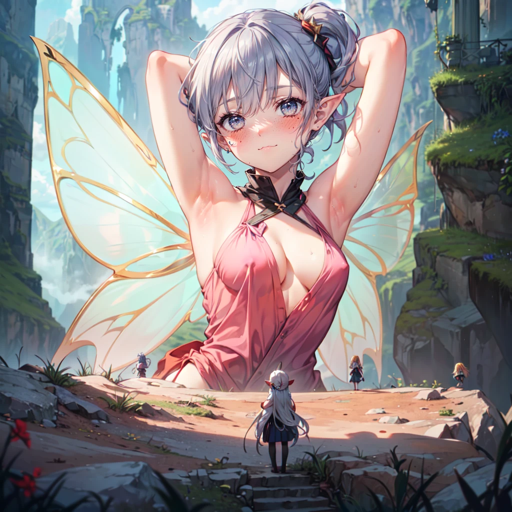 forest, mountains, fairy, wings, :3, pointy ears, (2girls:1.8), (height_difference:1.5), (size_difference:1.2), (forest: 1.2), cliffs, hills, (giantess:1.3), small breasts, smug, cleavage, bangs, hair covering eyes, :3, >:D, (presenting armpit), armpit, sweaty, misty, a crowd of adventurers on a hill below the breasts of a giantess, adventurers on a platform in front of the breasts of a giantess, (multiple_girls:1.5), (1girl:1.5), (rear end:1.4), hills, cliffs, (minigirl:1.4), (minigirl on a hill: 1.2), (adventurer:1.2), (robe:1.1), (knight:1.1), (wizard:1.2), naked, , nipples
