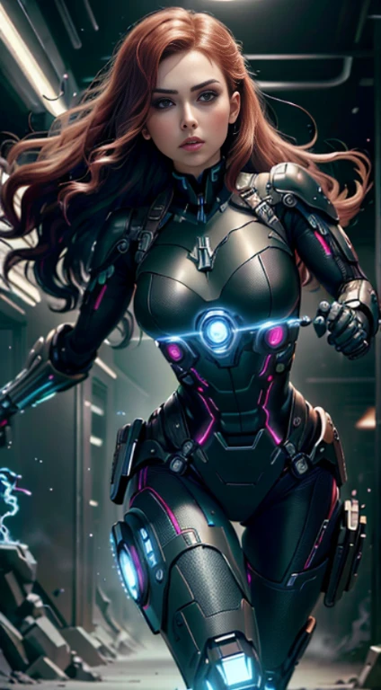 1girl, corpo inteiro, Natasha Romanoff Black Widow style (Da Marvel Studios) garota cyber, arm prosthesis, leg prosthesis, expondo os peitos, Technological clothing, fantasia, medium breasts, sorrir, randome pose, Pose bonita, (master part, best quality, Textura detalhada da pele, textura de pano detalhada, Rosto bonito e detalhado, detalhes intrincados, ultra detalhado), cabelos ruivos curtos, dynamic pose, (best quality, A high resolution, fotorrealista, primitivo, 8k,master part, ),best quality, masterpiec8k.HDR. Costelas altas:1.2, filmgrain, Desfoque Bokeh:1.2, Reflexo da lente, (Cores vivas:1.2), (delicado),