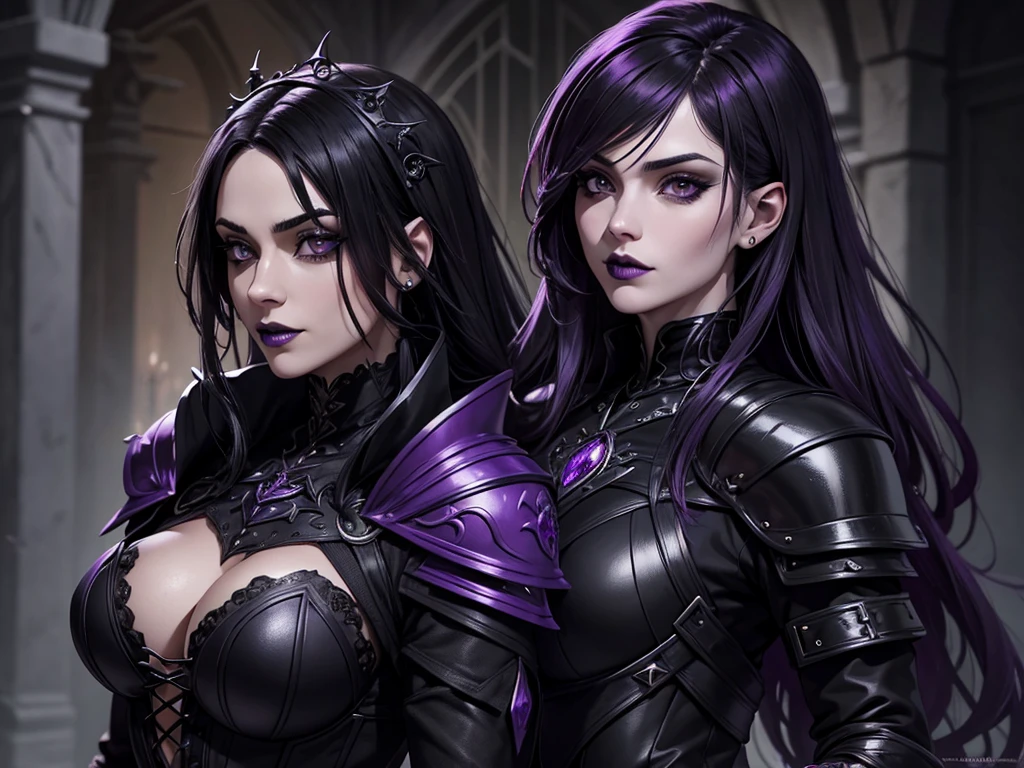 An adult vampire wizard character wearing a very detailed and beautiful gothic armor in black and purple color. Seu cabelo com corte em estilo curto, black lip color, cor roxa dos olhos;, manto, capuz, caminhando, 8k, Magnificent, Black and purple Gothic armor, capa