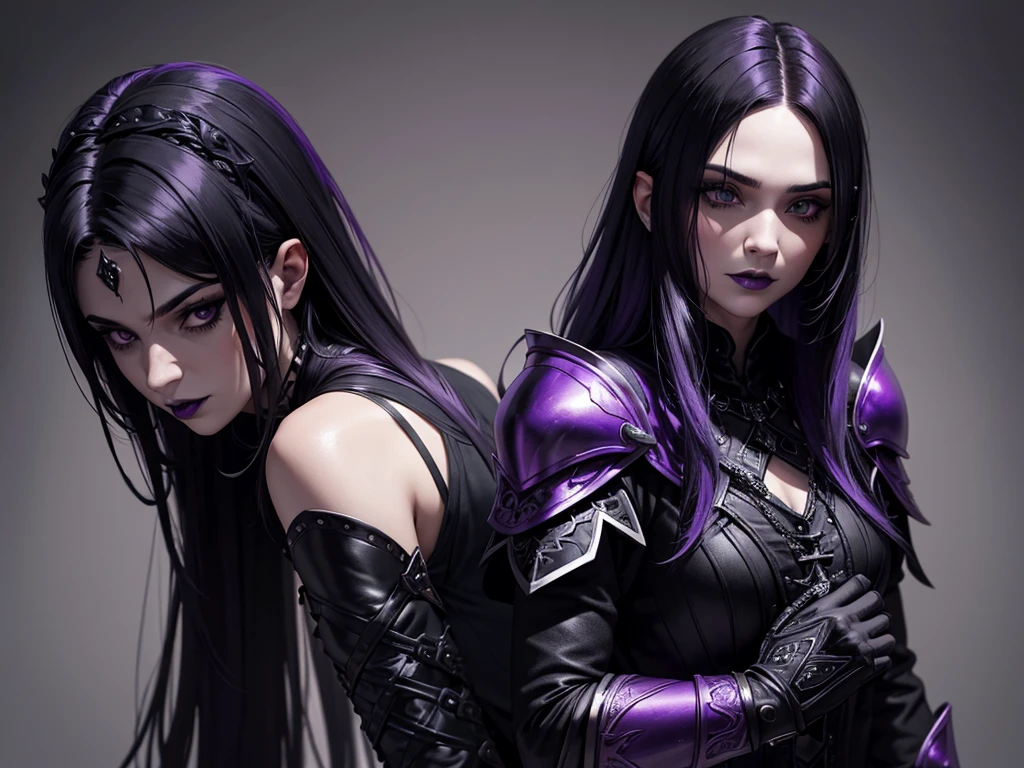 An adult vampire wizard character wearing a very detailed and beautiful gothic armor in black and purple color. Seu cabelo com corte em estilo curto, black lip color, cor roxa dos olhos;, manto, capuz, caminhando, 8k, Magnificent, Black and purple Gothic armor, capa