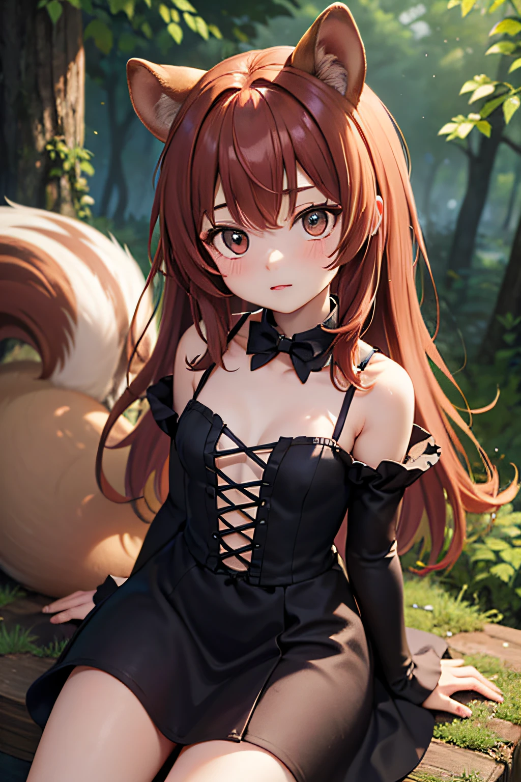 1 garota esquilo , forest scenario, wearing a short gothic dress, sem ouvidos humanos, adulto, cabelos longos