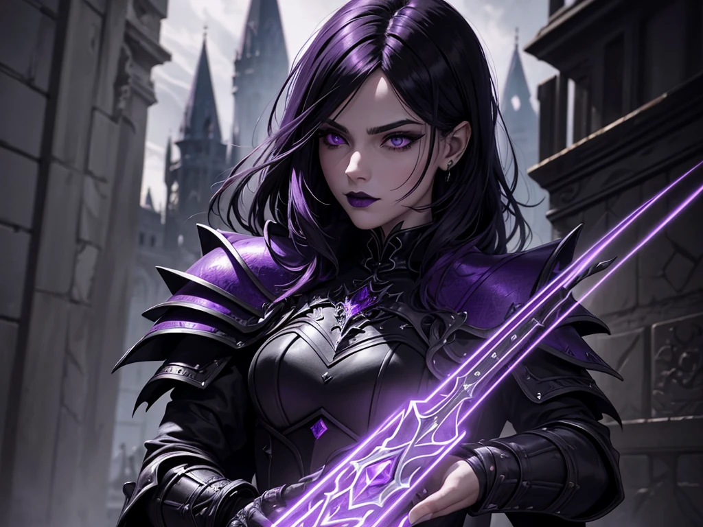 An adult vampire wizard character wearing a very detailed and beautiful gothic armor in black and purple color. Seu cabelo com corte em estilo curto, black lip color, cor roxa dos olhos;, manto, capuz, caminhando, 8k, Magnificent, Black and purple Gothic armor, capa