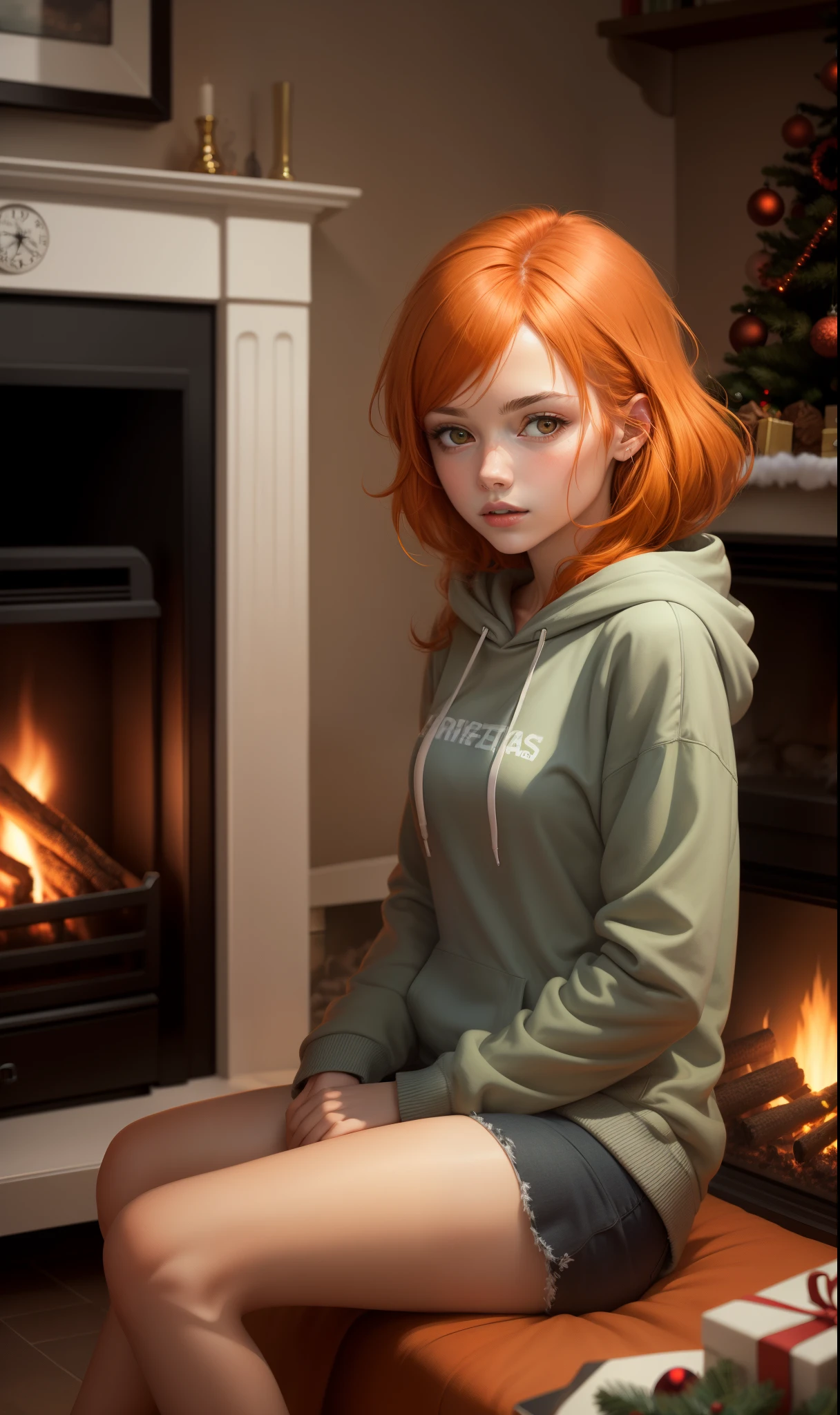 digital art design, orange hair, gray hoodie,girl sitting down in the living room, fireplace, Christmas tree