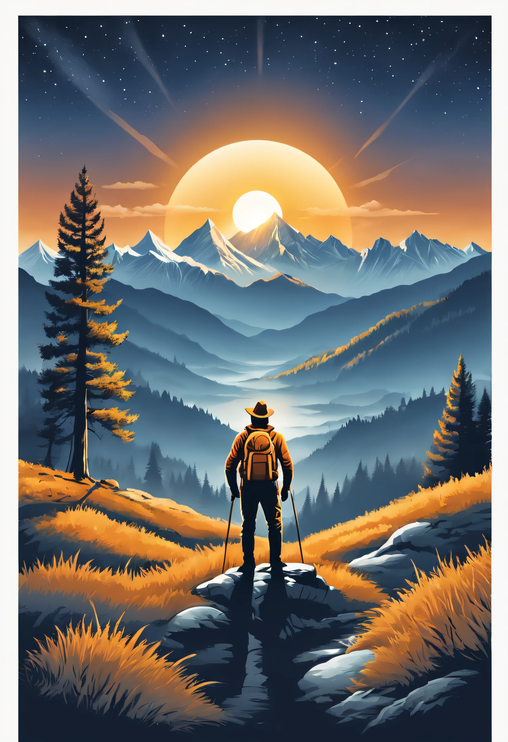 print ready vector t-shirt design, adventure scene with explorer, with beautiful nocturnal sun and mountain in the background, clean white background, professional vector, full shot, 8K resolution, deep impression illustration