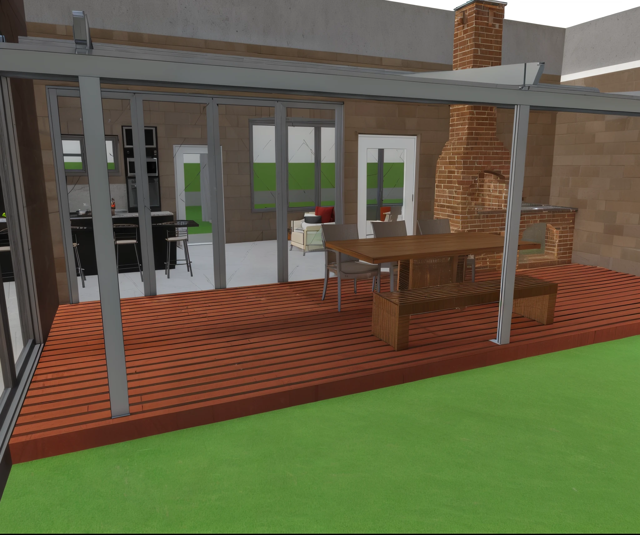 a representation of a patio with table and chairs and a barbecue, 3 d renderizado, 3d renderizado, 3D rendering, 3D-rendering, Detailed rendering, with 3d render, with 3d render, detailed 3d render, detailed 3d render, pre-rendered, Modelo 3D renderizado, Modelo renderizado 3D, 3 d renders, conceito realista. ultra realistic rendering