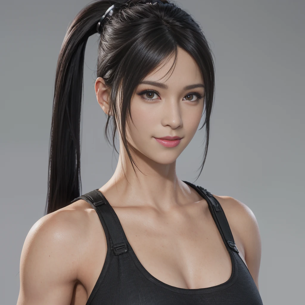 (best quality,ultra-detalhado),(Realistic:1.37),Tifa Lockhart,Rosto bonito e detalhado, smiling expression, textura ultra realista, rosto delicado, Fit physique, cabelo amarrado