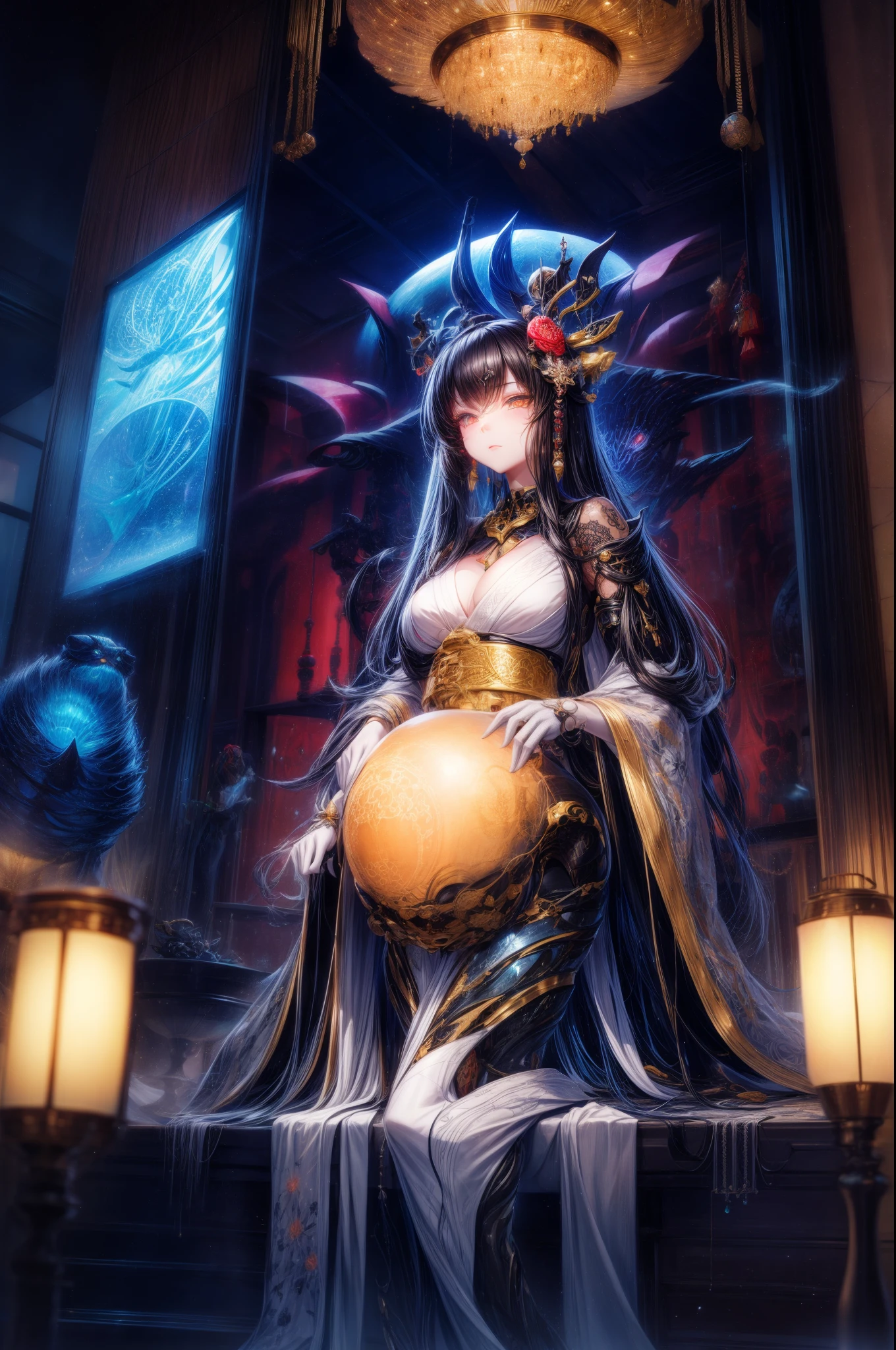 Photos of Japanese female robots in their 20s,Made of white and silver clear glass and plastic, geisha makeup, Black hairstyle, Silver and gold metallic interior, dynamicposes, flowing organic structure, Meticulous carving, Lace design, Glowing gold circuit, Colorful neon lights decoration, Meticulous carving, Lace design, glowing circuitry, neon trim, H'artistically.r. Giger, Greg Rutowski