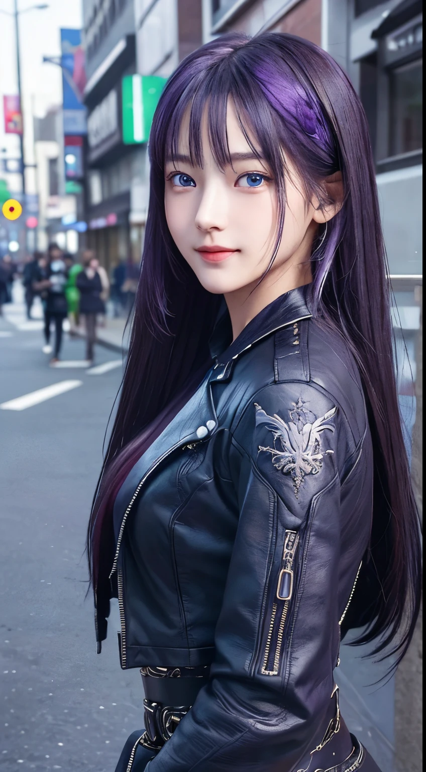 masterpiece, 1 beautiful girls, detaileds, Swollen eyes, top-quality, 超A high resolution, (现实: 1.4), OriginalPhotographs, 1girl in, 电影灯光, Evil smile, japanes, Asian Beauty, Korean, Slightly younger face, Beautiful skins, slender, cyberpunk backgrouns, (A hyper-realistic), (illustratio), (hight resolution), (8K), (ighly detailed), (beautifully detailed eyes), (ultra-detailliert),, (详细的脸), looking at the viewers, fine detailed, A detailed face、deep-shadows、Unobtrusive、pureerosfaceace_v1、、46-point diagonal bangs、Facing straight ahead、Neat Clothing、purple color hair、blue color eyes、leather punk fashion