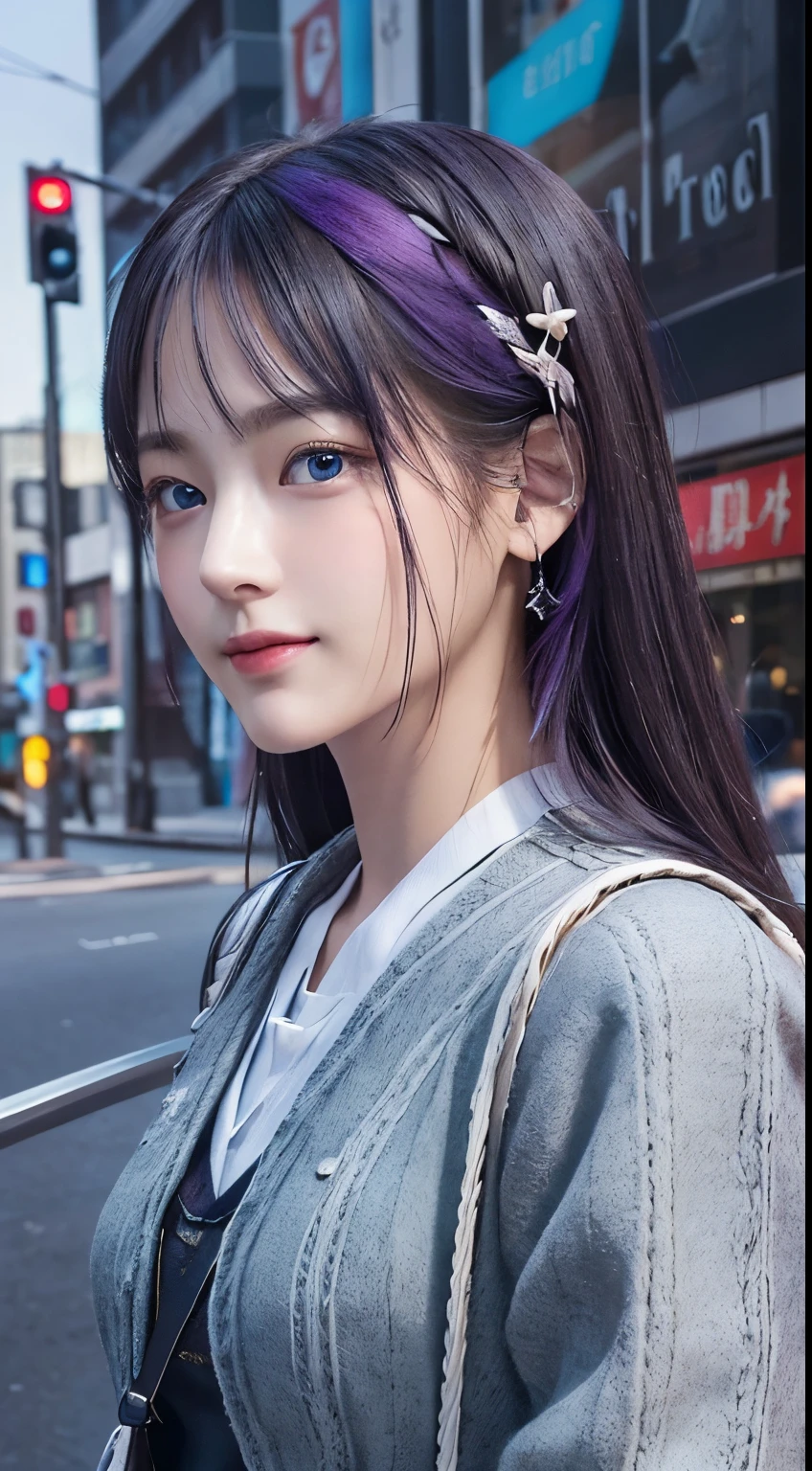 ​masterpiece, 1 beautiful girls, detaileds, Swollen eyes, top-quality, 超A high resolution, (现实: 1.4), OriginalPhotographs, 1girl in, 电影灯光, Evil smile, japanes, Asian Beauty, Korean,  Slightly younger face, Beautiful skins, slender, cyberpunk backgrouns, (A hyper-realistic), (illustratio), (hight resolution), (8K), (ighly detailed), (beautifully detailed eyes), (ultra-detailliert),, (详细的脸), looking at the viewers, fine detailed, A detailed face、deep-shadows、Unobtrusive、pureerosfaceace_v1、、46-point diagonal bangs、Facing straight ahead、Neat Clothing、purple color  hair、blue color eyes、leather punk fashion