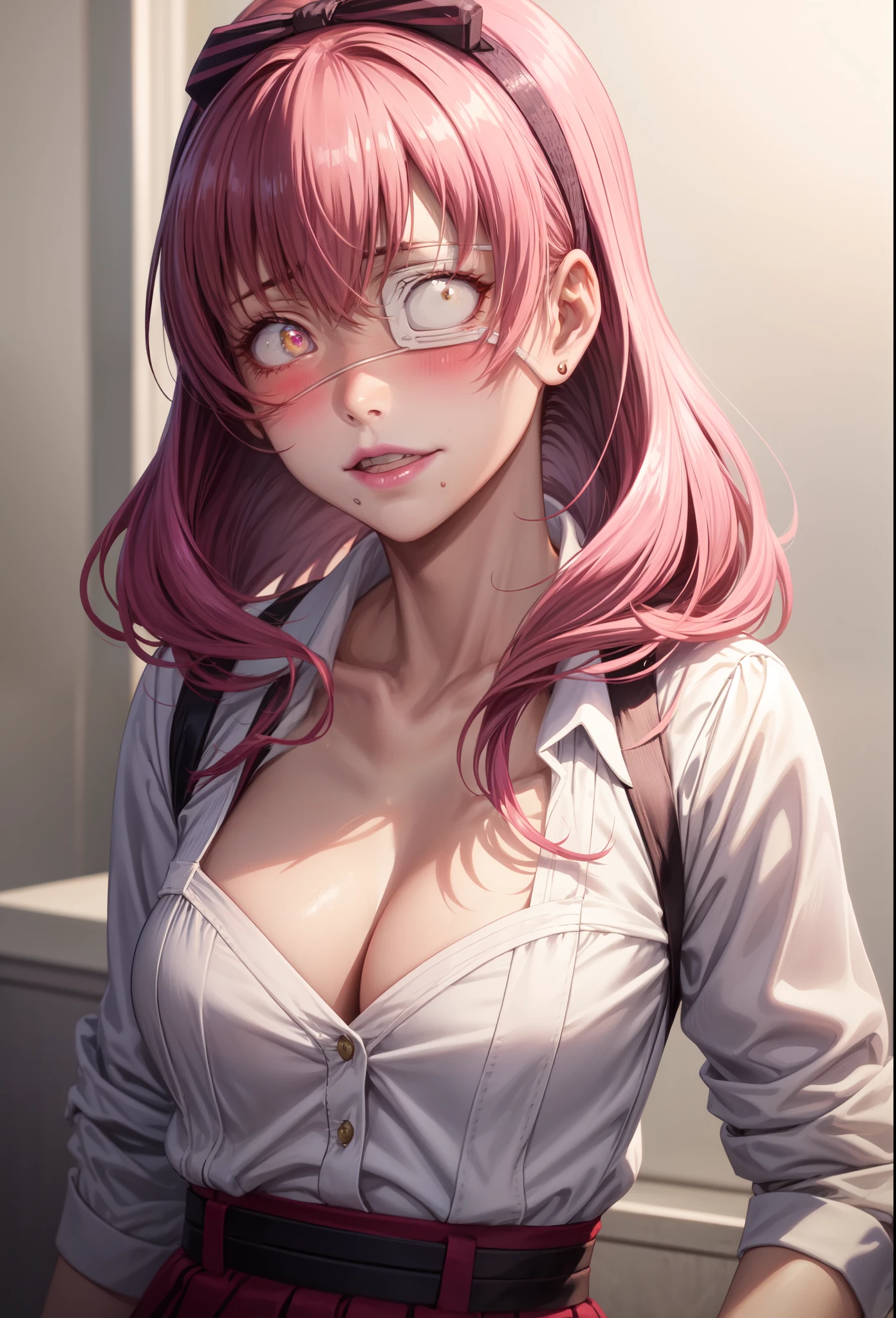 4k, ,Lens flare, pink hair , blush, blushing, 8k, best quality, 1 girl, detailed, Detailed fuchsia hair ++, detailed pink eyes ++, raytracing, perfect shadow, highres, enhanced eyes, plain white background, long hair, no background, white background, sexy, mature, kakegurui outfit, ikishima midari, eyepatch
