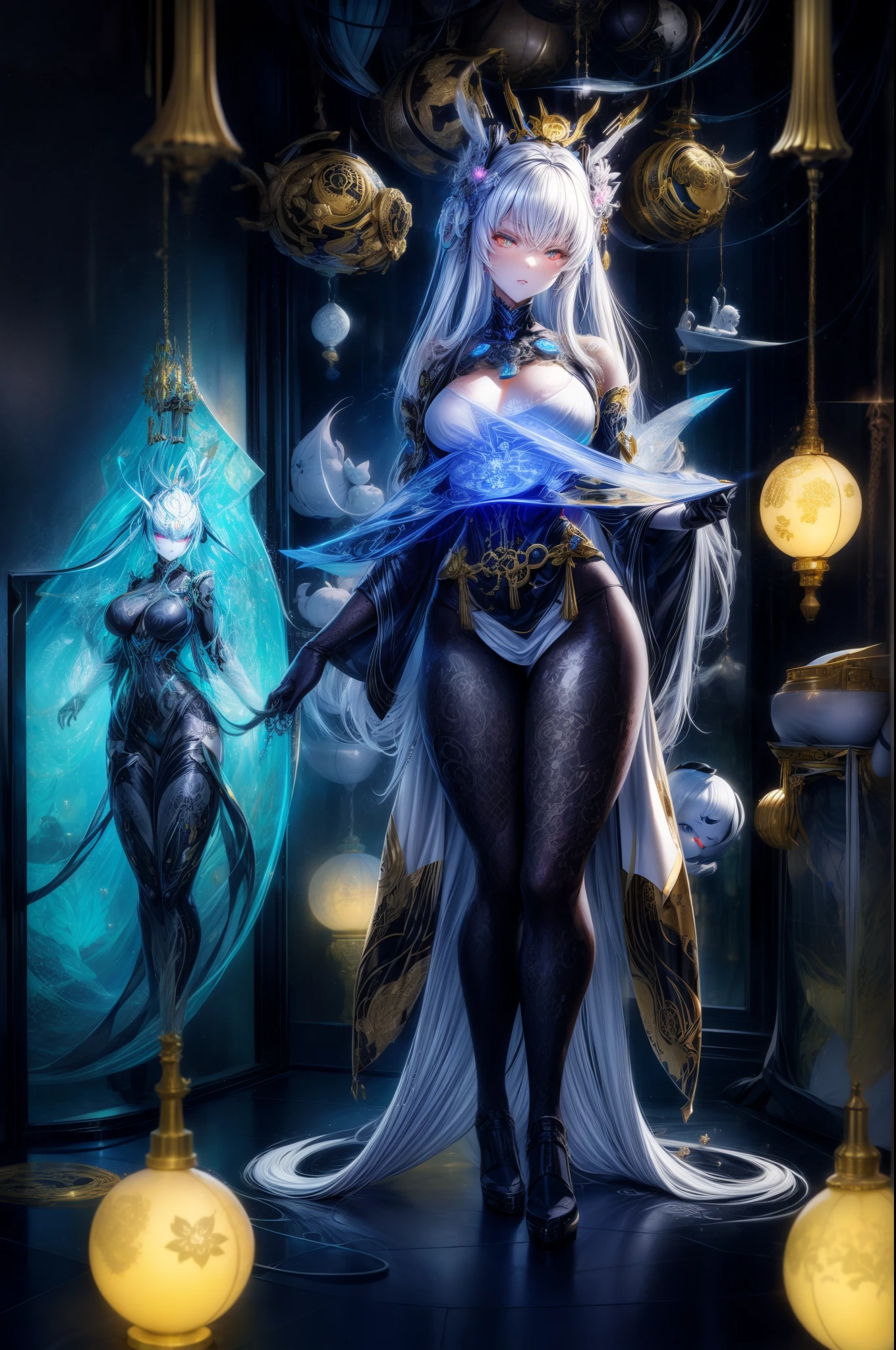 Photos of Japanese female robots in their 20s,Made of white and silver clear glass and plastic, geisha makeup, Black hairstyle, Silver and gold metallic interior, dynamicposes, flowing organic structure, Meticulous carving, Lace design, Glowing gold circuit, Colorful neon lights decoration, Meticulous carving, Lace design, glowing circuitry, neon trim, H'artistically.r. Giger, Greg Rutowski
