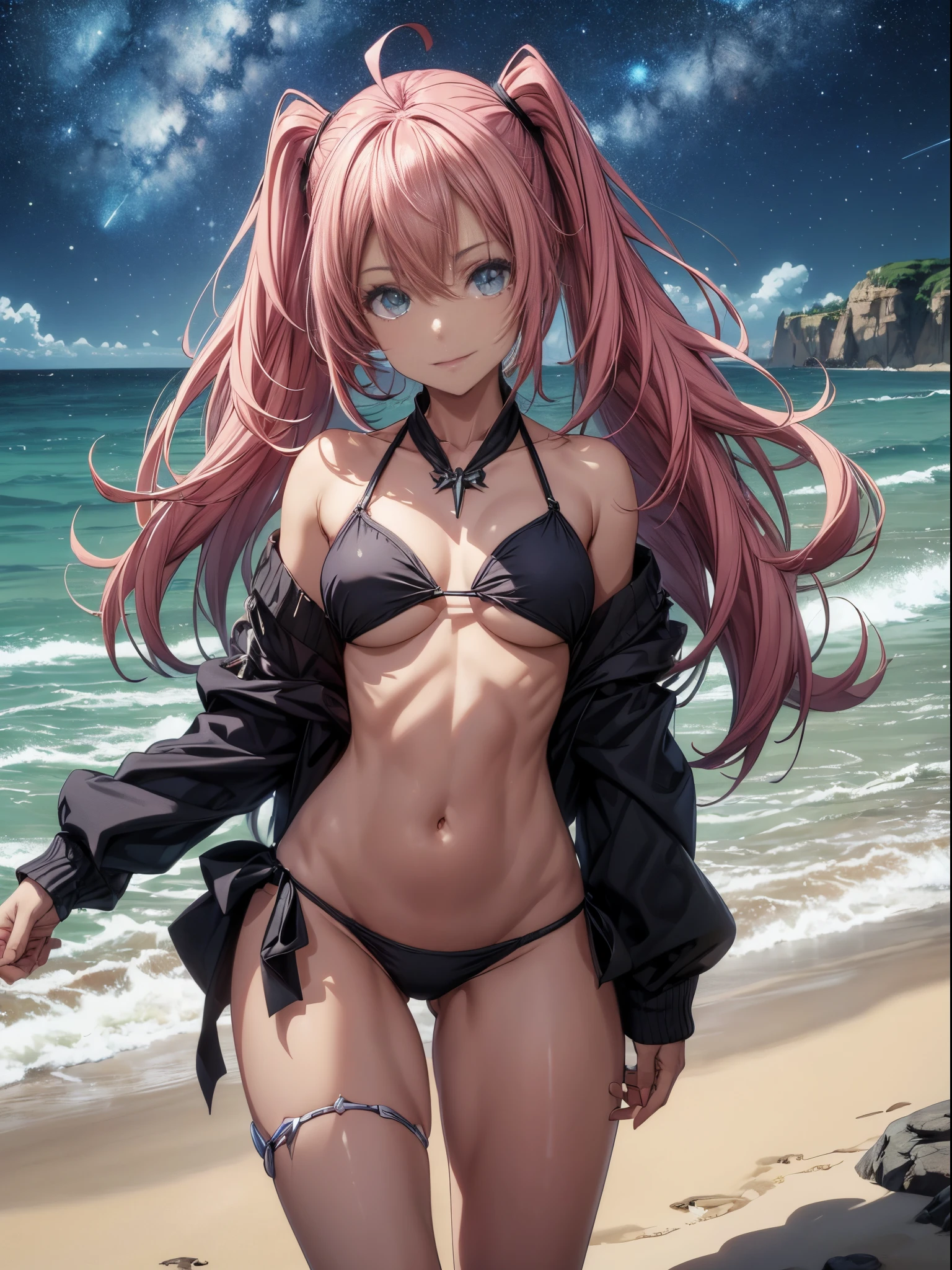 1 girl, (medium breasts))), (((wearing a short bikini))), (cabelo rosa longo), (((olhos azuis))), (on the beach at night with starry sky and full blood moon), (cintura fina), (pernas finas e musculosas), barriga musculosa, bare feet, (((De frente para mim))), (foto de corpo inteiro), Caudas duplas, Olhos Longos, Reflexo ocular, mau humor, anime, estilo anime, ray tracing, brilhar, sombra projetada, panorama, Sony FE, 8k, UDisk, piece of master, preciso, anatomicamente correto, Super Detalhe, best quality, ultra high-resolution, Hard disk, 16k