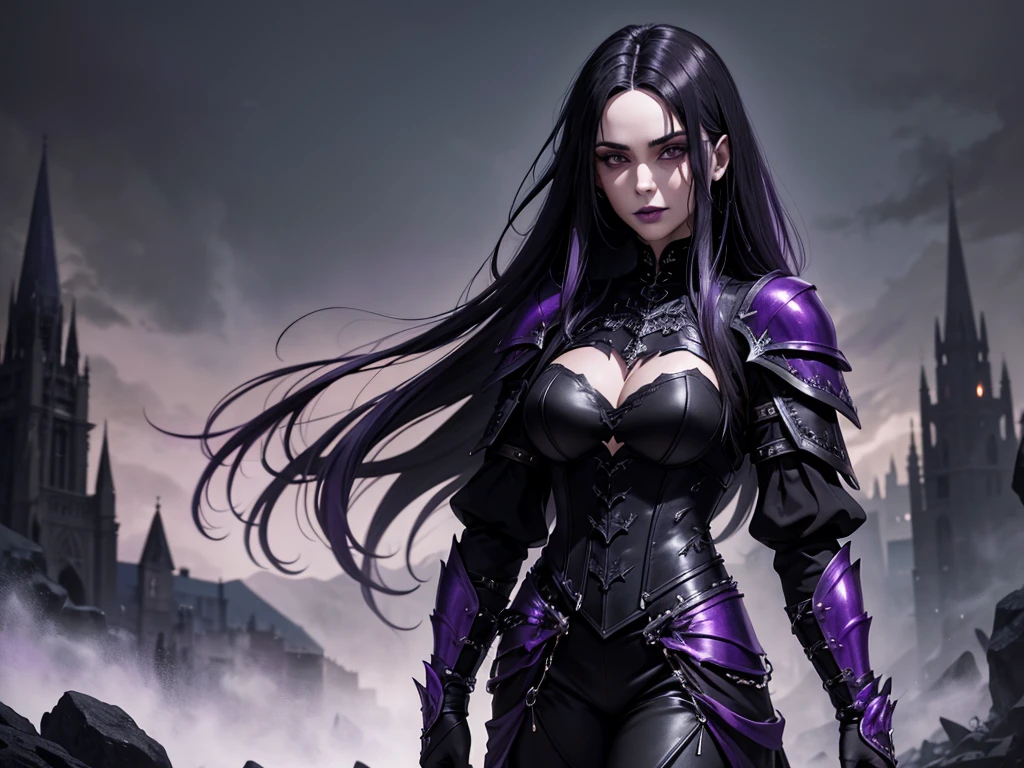 An adult vampire wizard character wearing a very detailed and beautiful gothic armor in black and purple color. Seu cabelo com corte em estilo curto, black lip color, cor roxa dos olhos;, manto, capuz, caminhando, 8k, Magnificent, Black and purple Gothic armor, capa