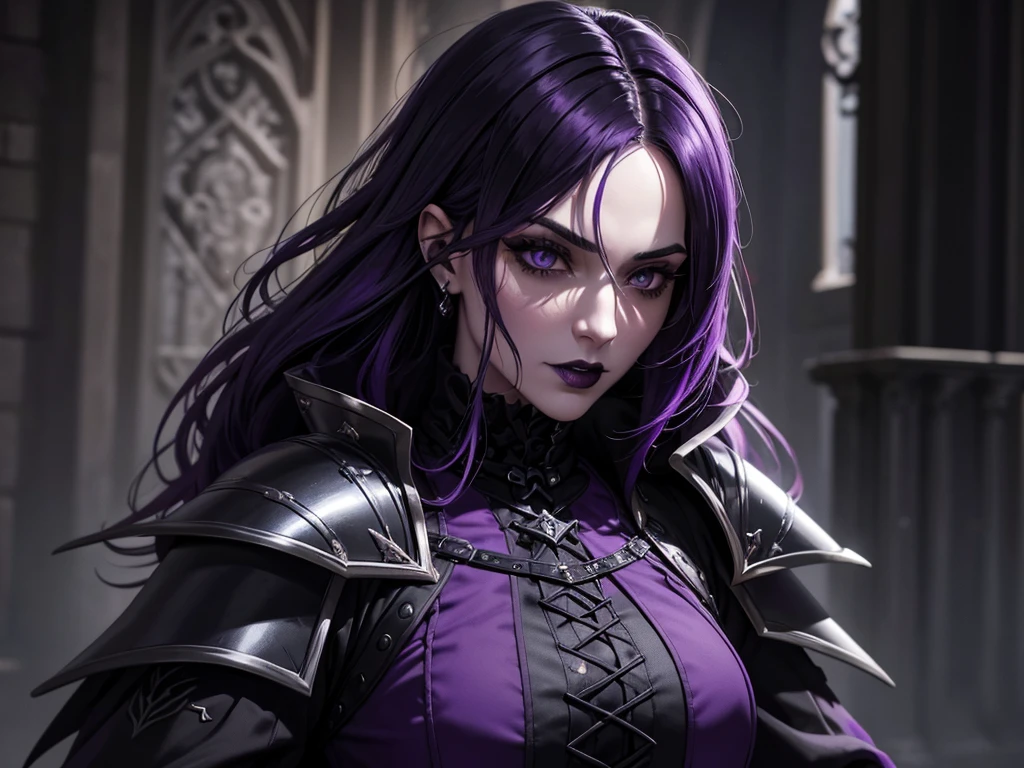 An adult vampire wizard character wearing a very detailed and beautiful gothic armor in black and purple color. Seu cabelo com corte em estilo curto, black lip color, cor roxa dos olhos;, manto, capuz, caminhando, 8k, Magnificent, Black and purple Gothic armor, capa