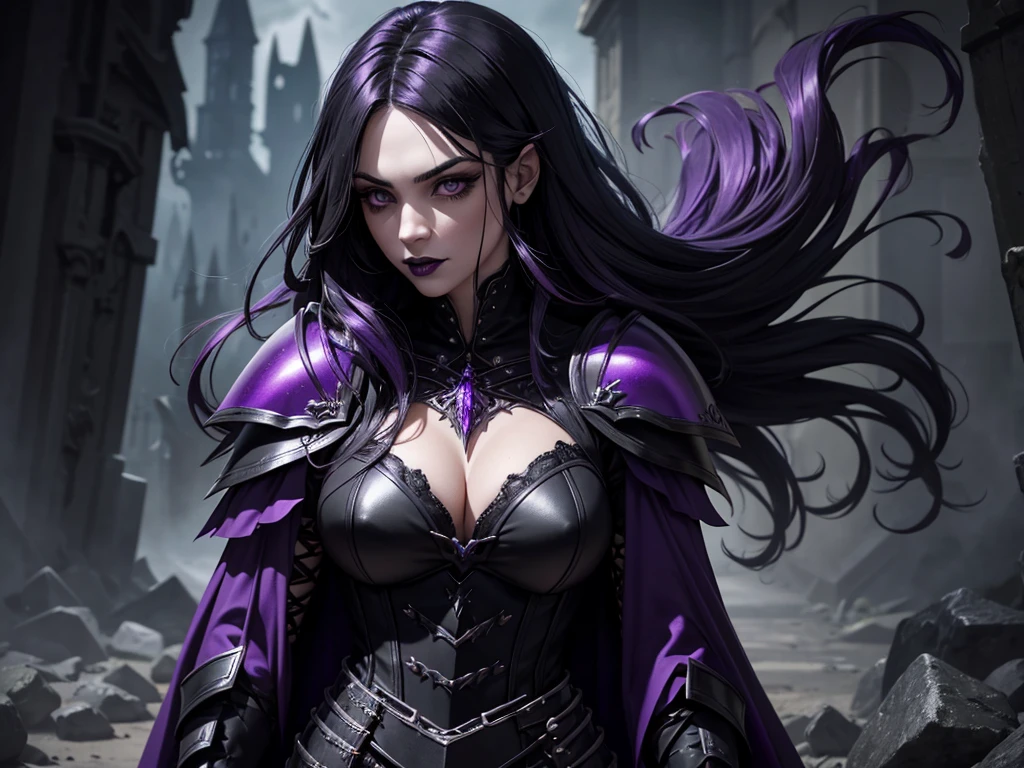 An adult vampire wizard character wearing a very detailed and beautiful gothic armor in black and purple color. Seu cabelo com corte em estilo curto, black lip color, cor roxa dos olhos;, manto, capuz, caminhando, 8k, Magnificent, Black and purple Gothic armor, capa
