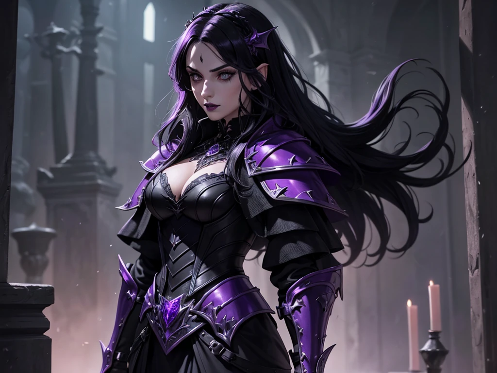 portrait, beautiful Greek girl, wearing a dark (reavealing) black gothic armour, big breasts, long hair, purple eyes, 8k hdr, unreal engine 5, realistic, RPG, mdjrny-v4 style, smiling, photorealistic