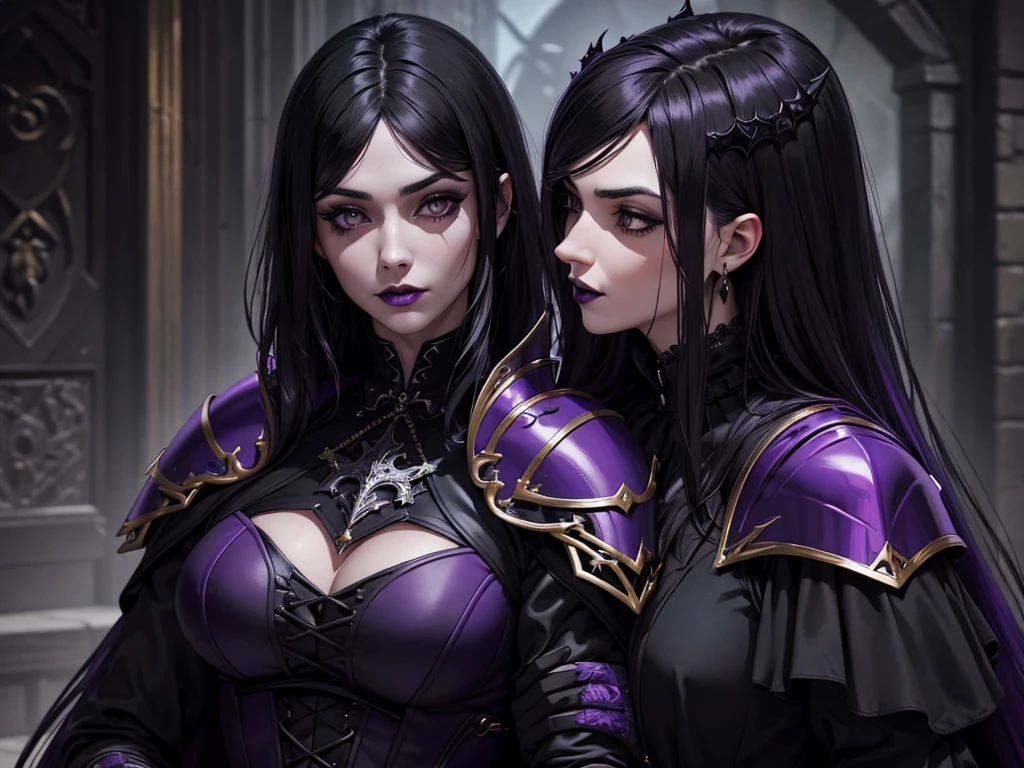 An adult vampire wizard character wearing a very detailed and beautiful gothic armor in black and purple color. Seu cabelo com corte em estilo curto, black lip color, cor roxa dos olhos;, manto, capuz, caminhando, 8k, Magnificent, Black and purple Gothic armor, capa
