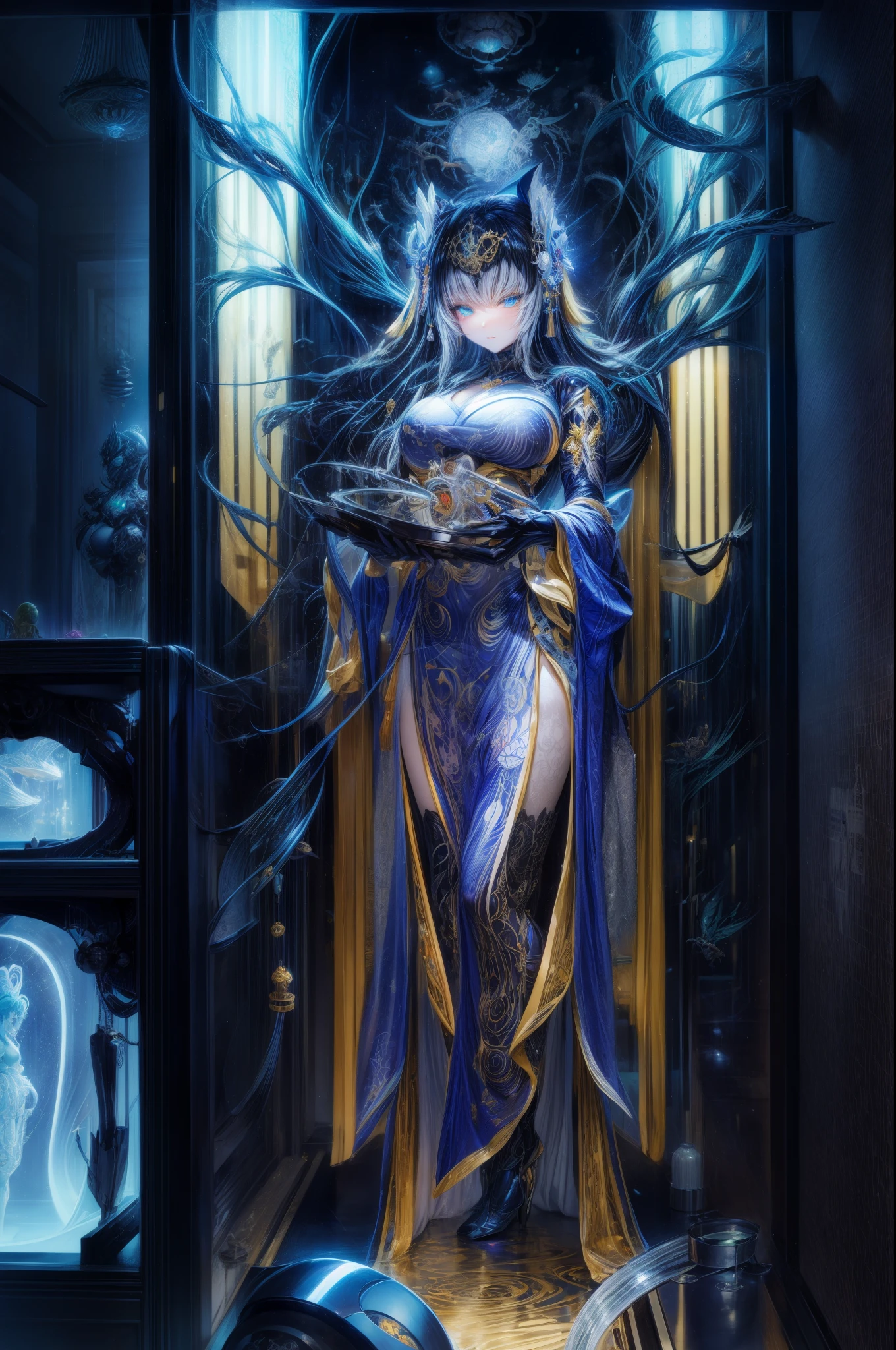 Photos of Japanese female robots in their 20s，Made of white and silver clear glass and plastic, geisha makeup, Black hairstyle, Silver and gold metallic interior, dynamicposes, flowing organic structure, Meticulous carving, Lace design, Glowing gold circuit, Colorful neon lights decoration, Meticulous carving, Lace design, glowing circuitry, neon trim, H&#39;artistically.r. Giger, Greg Rutowski