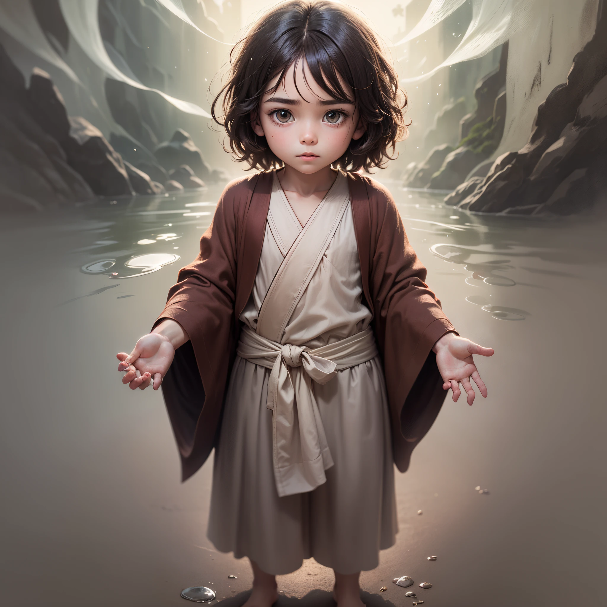 Create in PIXAR style Jesus Christ  with full body, serene appearance, dark brown hair, compassionate face with gentle eyes and expression of wisdom. He wears a simple robe and radiates an aura of peace and joy. --auto --s2