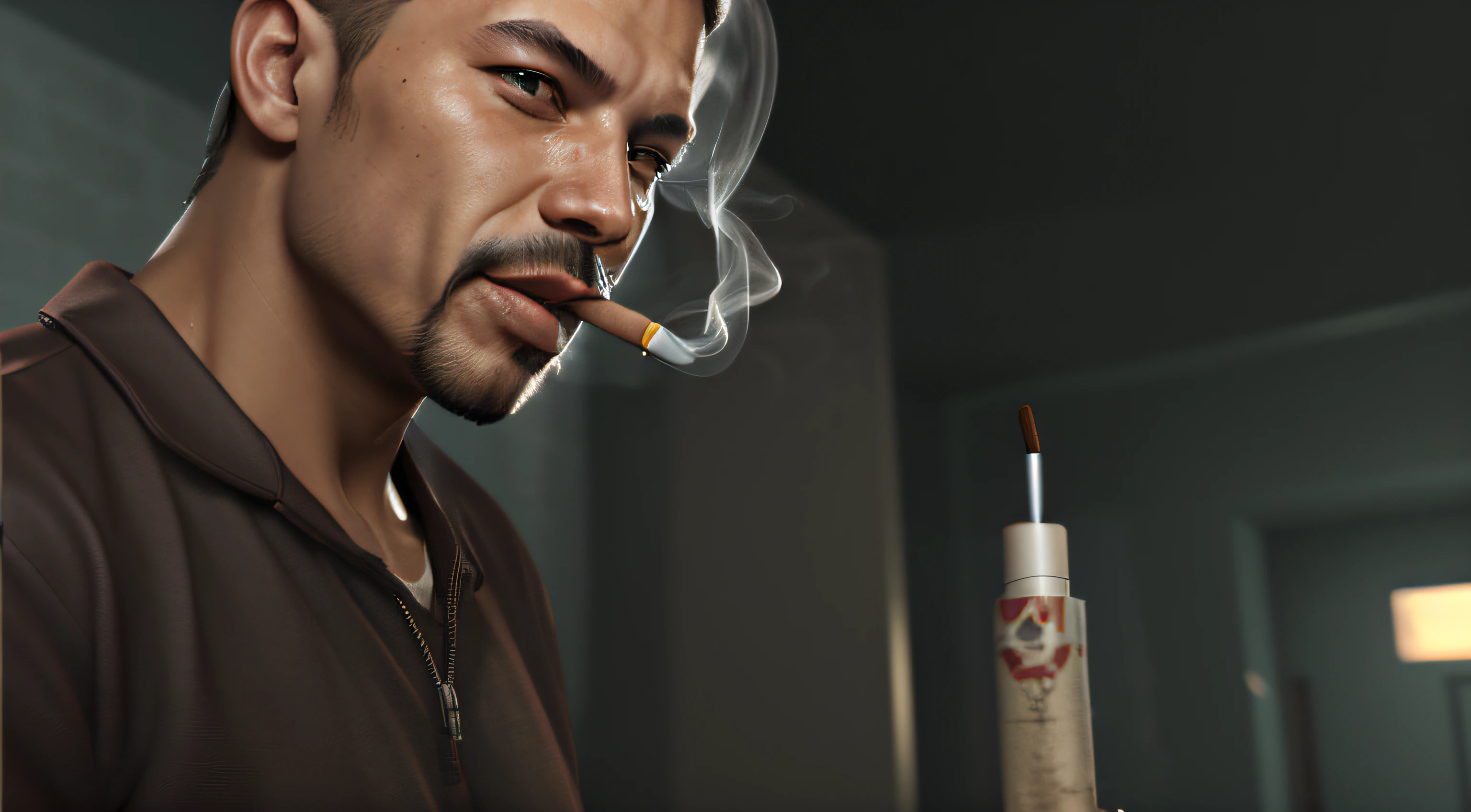 Al Pacino co 35 years old smoking cigarette dark photo: sitting at the table , realistic epic, portrait of, green eyes of Atey Ghailan, Greg Rutkowski, Greg Tocchini, James Gilleard, Joe Fenton, Kaethe Butcher, yellow gradient, black, brown and magenta color scheme, grunge aesthetic!!! Graffiti brand wall background, art by Greg Rutkowski and Artgerm, soft cinematic light, Adobe Lightroom, Photo Lab, HDR, intricate, highly detailed, (depth of field: 1.4), faded, (neutral colors: 1.2), (HDR: 1.4), (soft colors:1.2), hyperdetailed, (Artstation:1.4), cinematic, warm lights, dramatic light, (intricate details:1.1), complex background, (Rutkowski:0.66), (blue and orange:0.4)