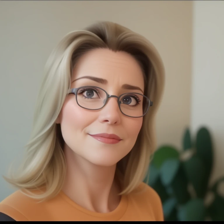 Uma mulher de 50 anos, com cabelos castanhos curto, Rosto redondo, rosto redondo,Serious, e olhos castanhos, wearing glasses.  TV presenter looking at the camera alta qualidade