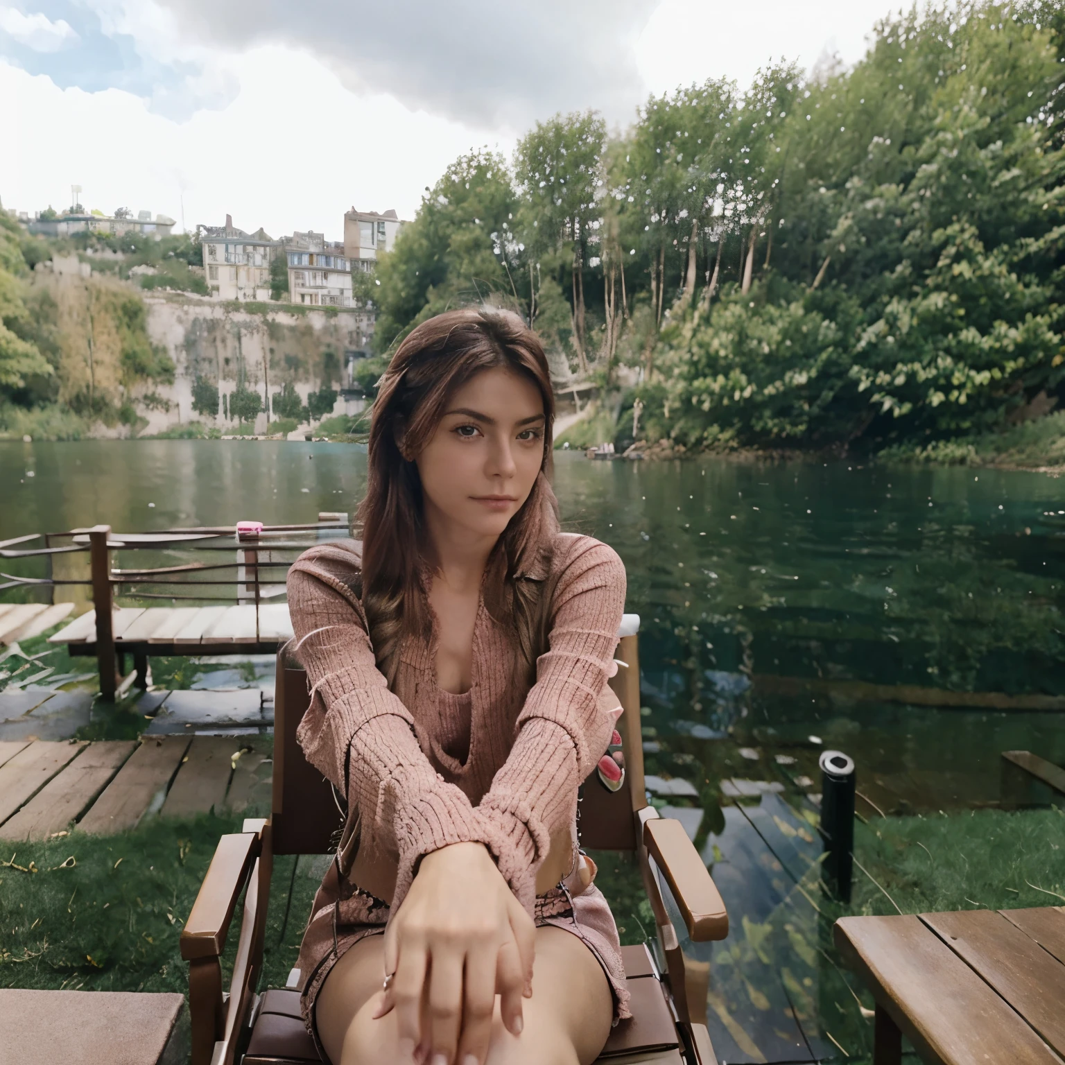 Femme assise au bord d’un lac, visage parfait, cheveux rose