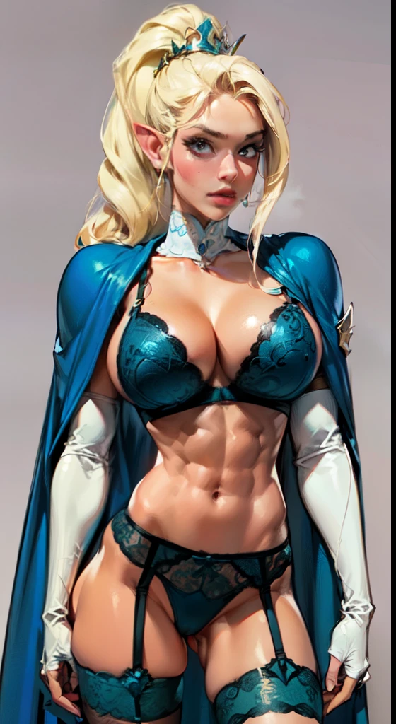 extremely long hair , ponytail, perfect anatomy 1 girl tall solo, slim thick,  ((muscular)) high elf toned body, silver breast plate, aqua blue cape, slendered abs, hourglass waist, aqua blue bra, ((garter belt)), golden intricate details, detailed face, defined cheekbones, puffy lips, gauntlets, gold crown, shadow over eyes, looking at viewer, masterpiece, aqua blue thigh highs lingerie,