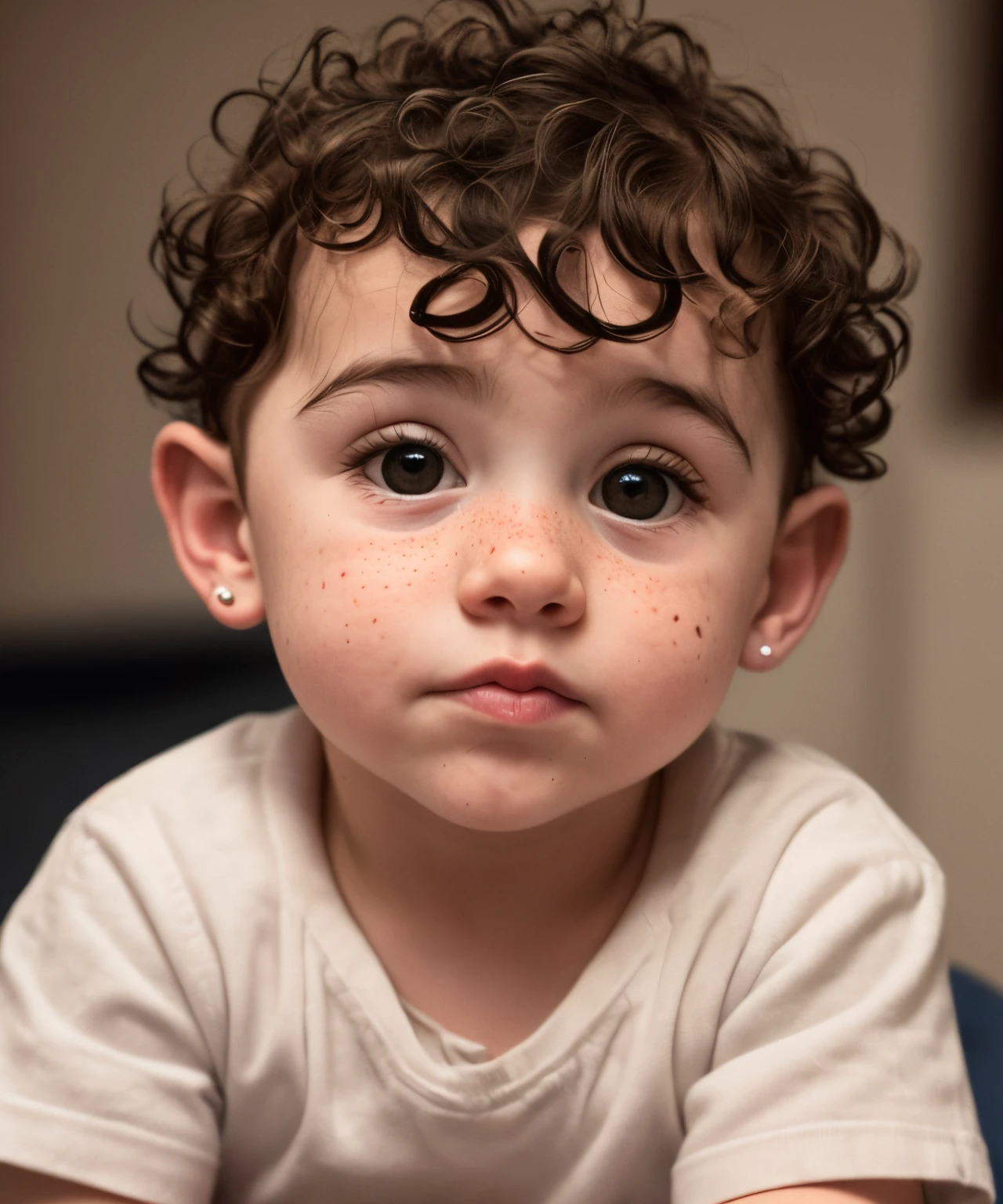  boy with a widows peak and curly hair, freckles, dimples, round face, small nose, thick lips on a small mouth, cleft chin, bushy eyebrows, round large eyes with small eyelashes, and small ears.