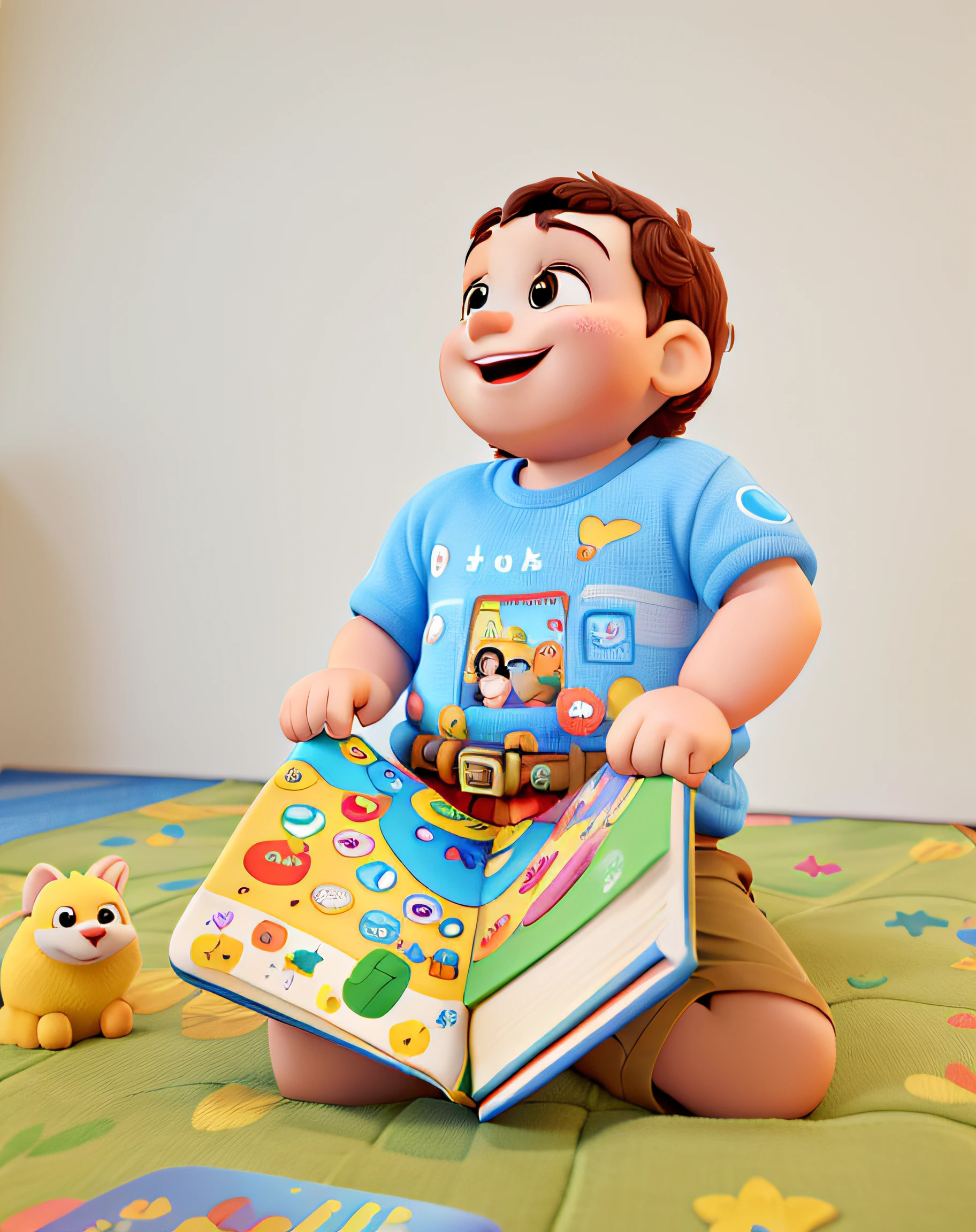 A happy baby disney pixar style, alta qualidade, melhor qualidade. He has a happy expression with a book in his hands. The book is open and with animated figures of children'The universe emerges from the pages.