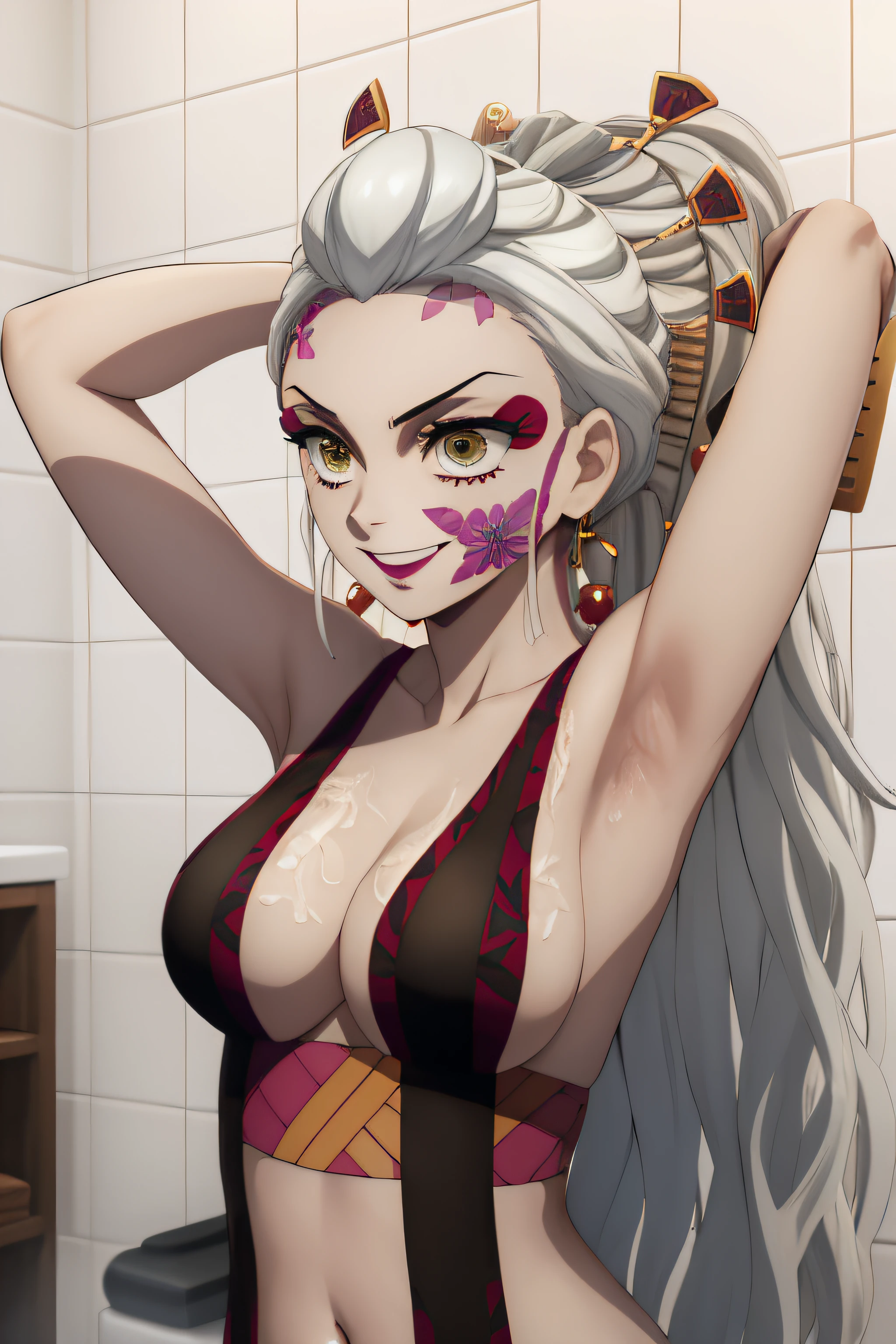 Obra maestra, La mejor calidad, Altas Resoluciones, daki-def, daki-blanco, 1girl, solamente, Cabello largo, senos, Mirando al espectador, They are smiling, adorno para el cabello, muslosaltos, ombligo, escote, senos medianos, Pelo muy largo, boca cerrada, cana, cabello multicolor, marca facial, Palillo para el cabello, (piel agrietada:1.4), ojos-daki, bathing bathroom, desnudo, ???????, armpits, belly, ???????