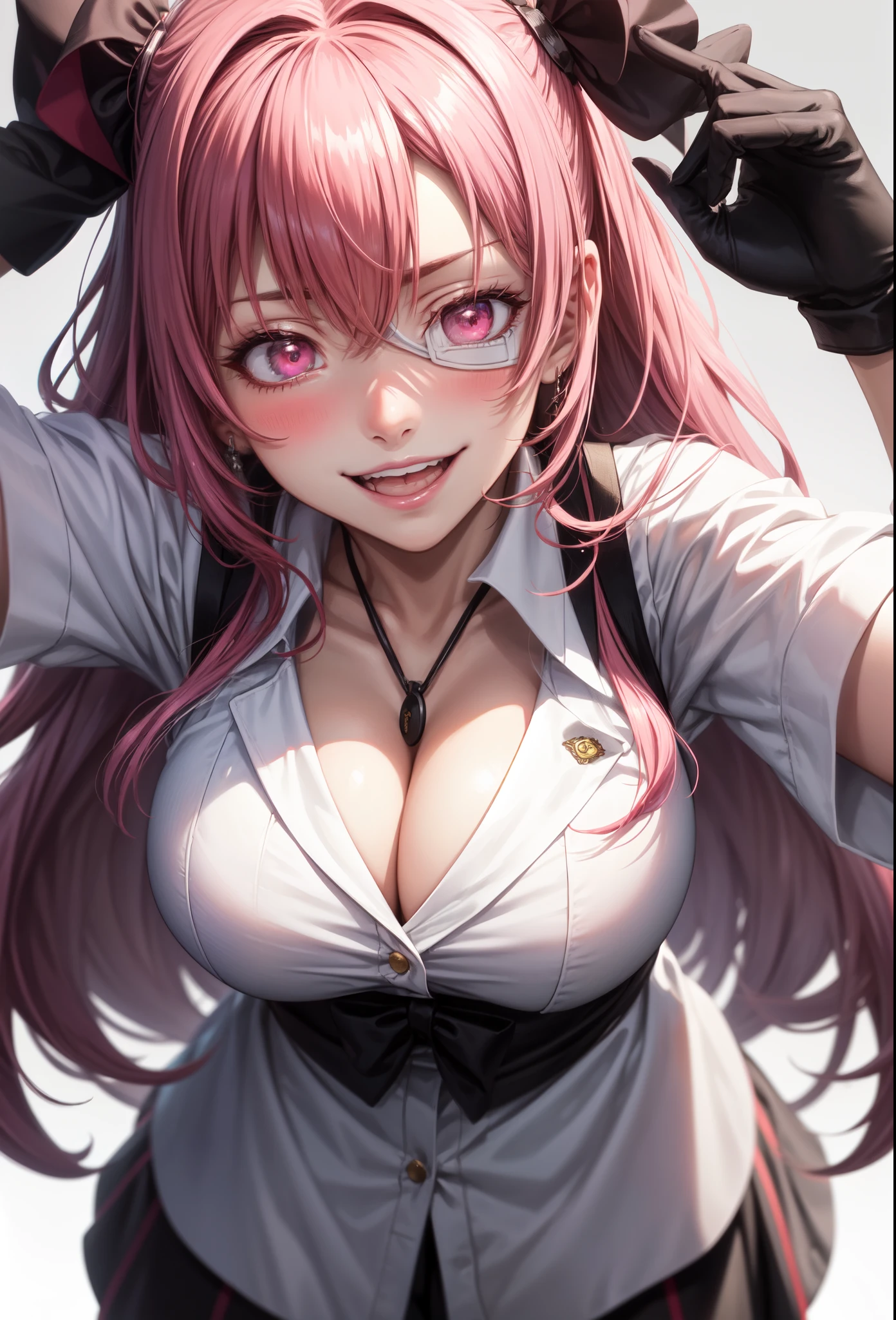 4k, ,Lens flare, pink hair , blush, blushing, 8k, best quality, 1 girl, detailed, Detailed fuchsia hair ++, detailed pink eyes ++, raytracing, perfect shadow, highres, enhanced eyes, plain white background, long hair, no background, white background, sexy, mature, kakegurui outfit, ikishima midari, eyepatch, huge breasts, smile, pink eyes