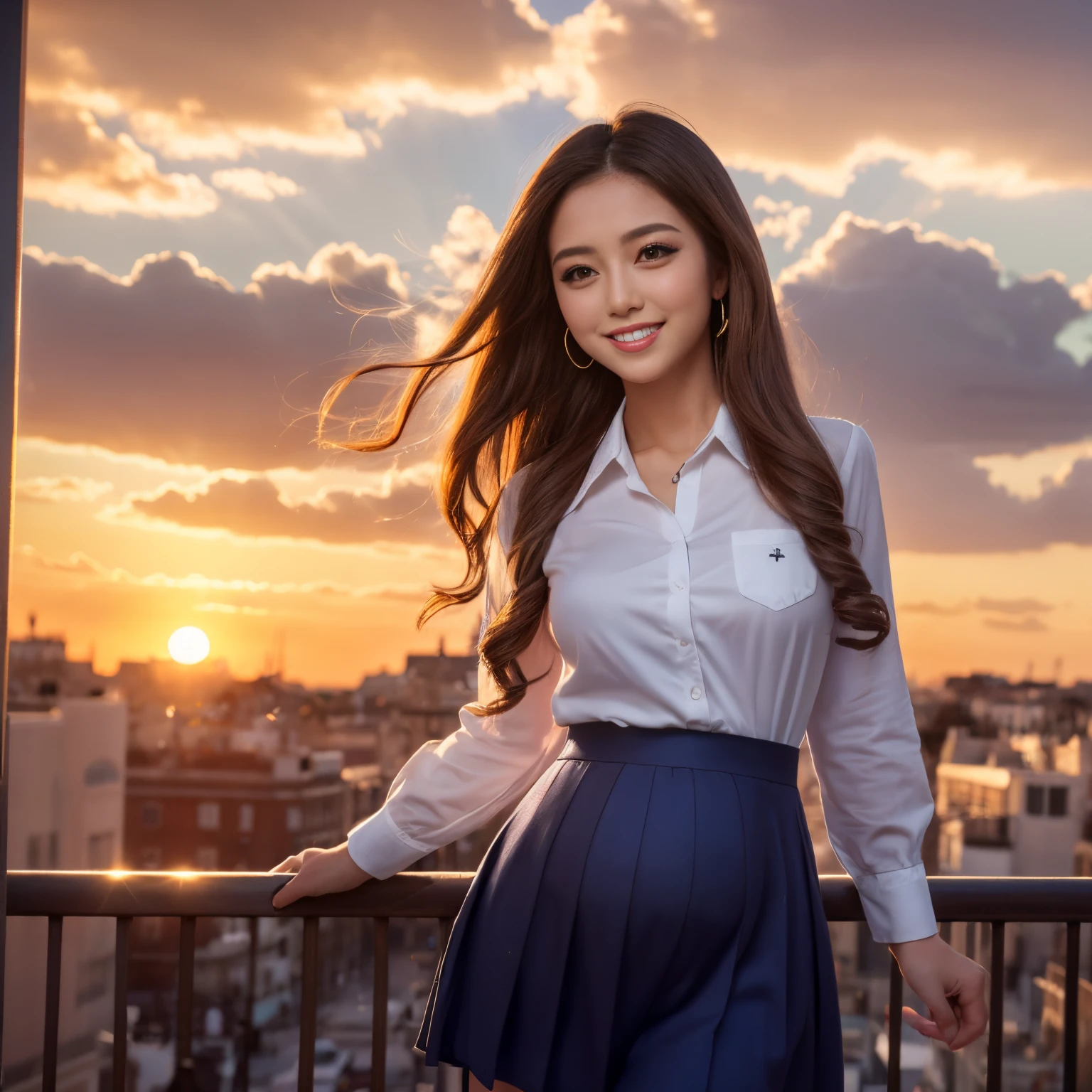 ((Best Quality, masutepiece, 超A high resolution、The most complex and detailed depictions))、1 schoolgirl、18year old,Pregnant、High School Uniform,white shirt,Ribbon on the chest,Navy skirt、cowboy shot、Hair swaying in the wind、Recreating the perfect details of Madrid、romantic madrid sunset、Beautiful sunset on background、Detailed background of madrid、big ben madrid、View me、Detailed and crisp backgrounds、large full breasts、Biggest smile、The happiest smile、Beautiful sunset、brilliant sunset、Perfect makeup、Long Wave Hair