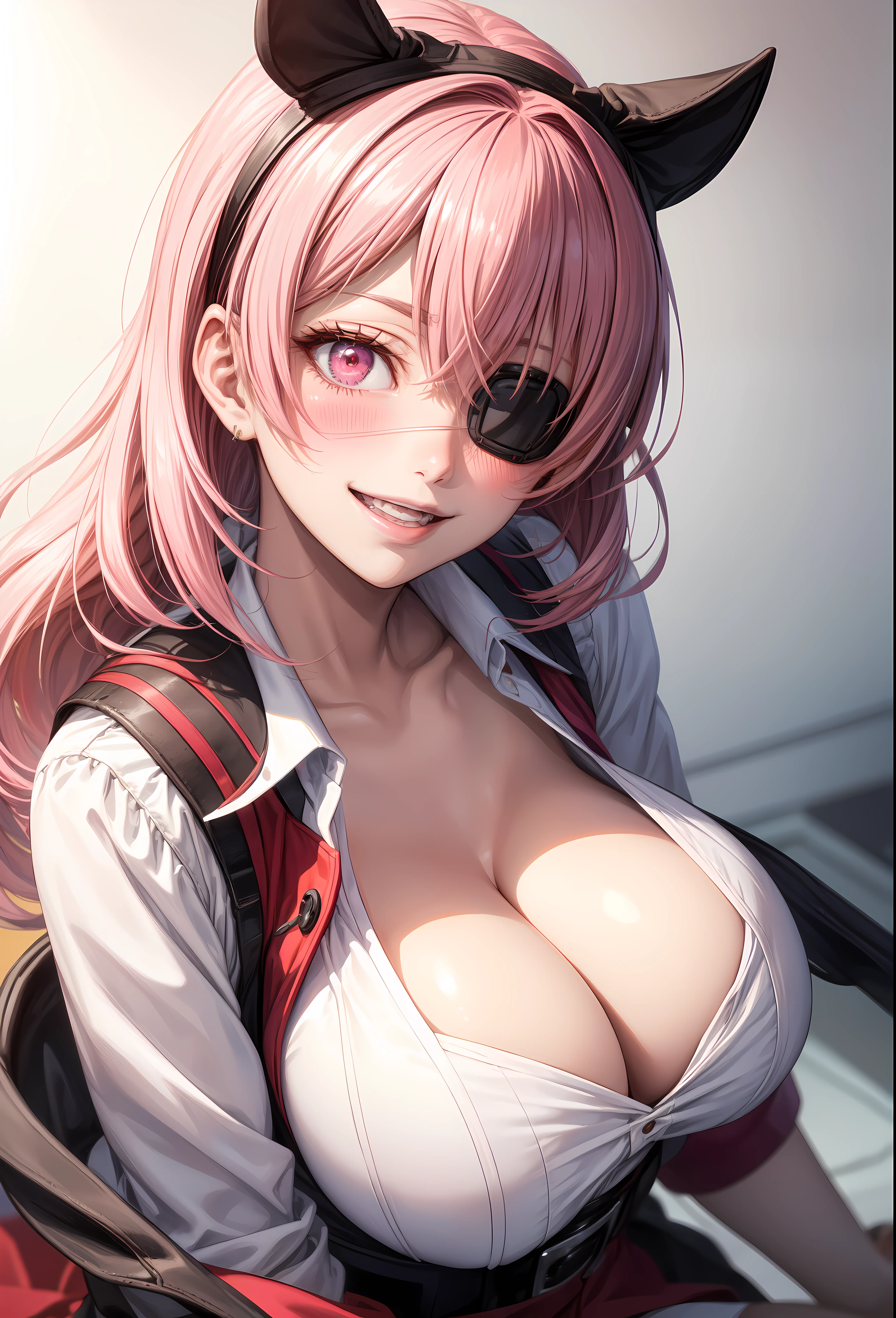 4k,  ,Lens flare, pink hair , blush, blushing, 8k, best quality, 1 girl,  detailed, Detailed fuchsia hair ++, detailed pink eyes ++,  raytracing, perfect shadow, highres, enhanced eyes, plain white background, long hair, no background, white background, sexy, mature, kakegurui outfit, ikishima midari, eyepatch, huge breasts, smile, pink eyes