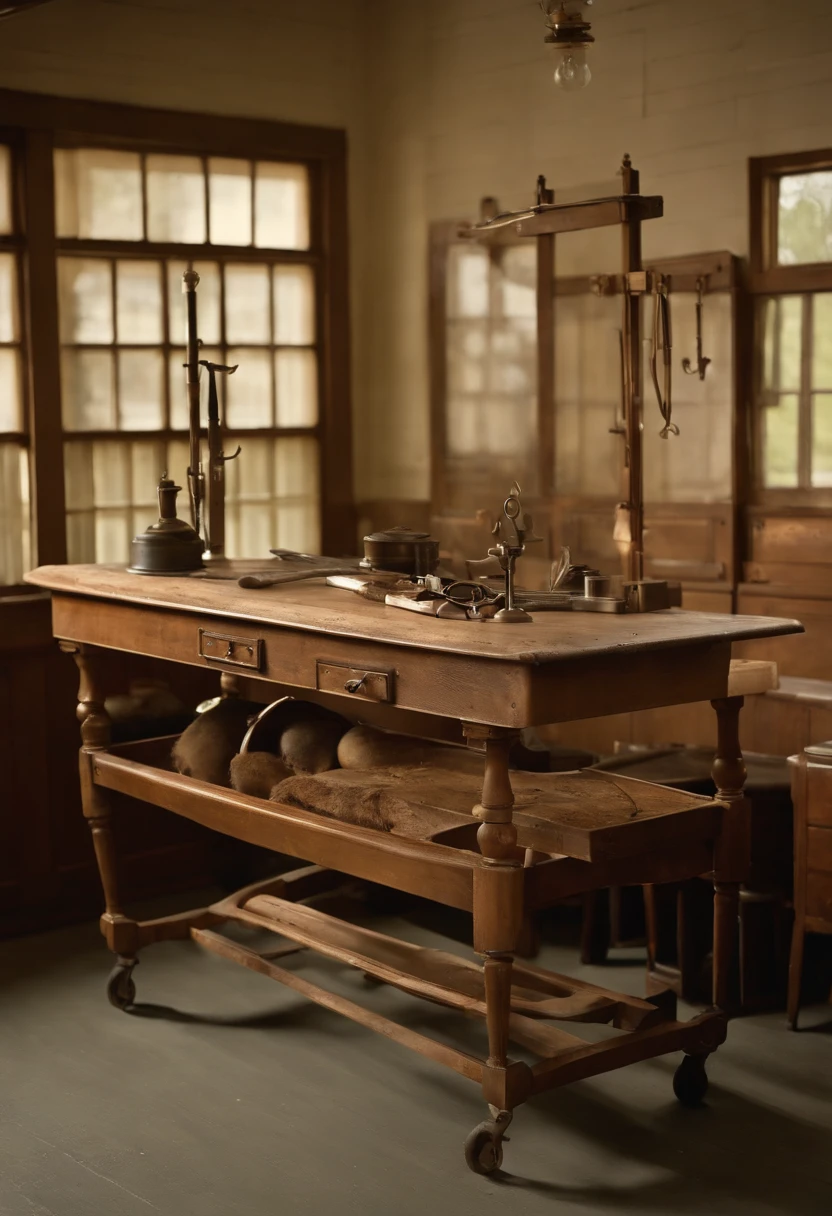 A photo of an antique embalming table with vintage medical tools,American history,Jeffrey Dahmer, an infamous American serial killer, had an unassuming appearance that belied his gruesome criminal nature. He was of average build and height, with blonde hair and bespectacled, often described as looking ordinary or nondescript. Dahmer’s typical attire was casual and unremarkable, further contributing to his ability to blend into society without arousing suspicion. His facial expressions often appeared flat and emotionless, especially in police photographs and court appearances., male