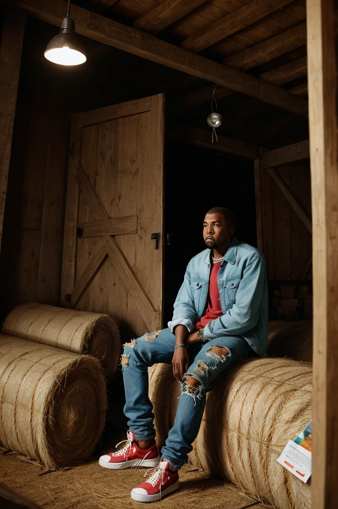 Kanye west in a barn sitting in hay