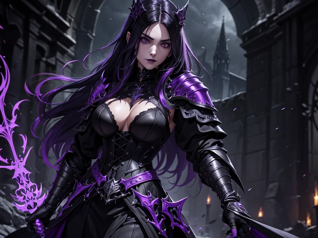 An adult vampire wizard character wearing a very detailed and beautiful gothic armor in black and purple color. Seu cabelo com corte em estilo curto, black lip color, cor roxa dos olhos;, manto, capuz, caminhando, 8k, Magnificent, Black and purple Gothic armor, capa