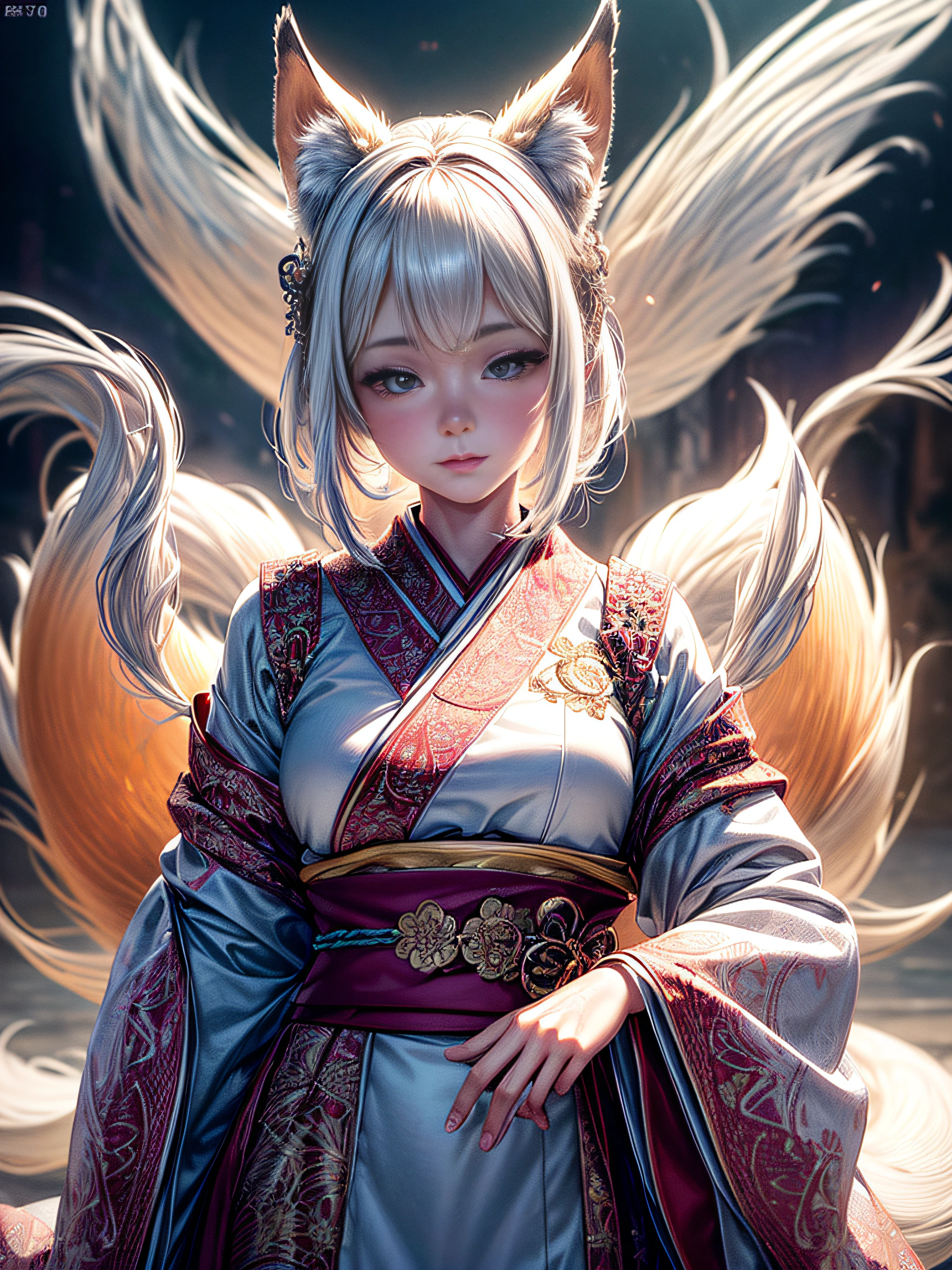 ultra realistic 8k cg, masterpiece, ((ultra detailed background, delicate pattern, intricate detail)), (highly detailed, fine details), best quality, (photorealistic:1.4),beautiful lighting, 9 tail fox girl, white hair, short kimono, logo. Upper body portrait,