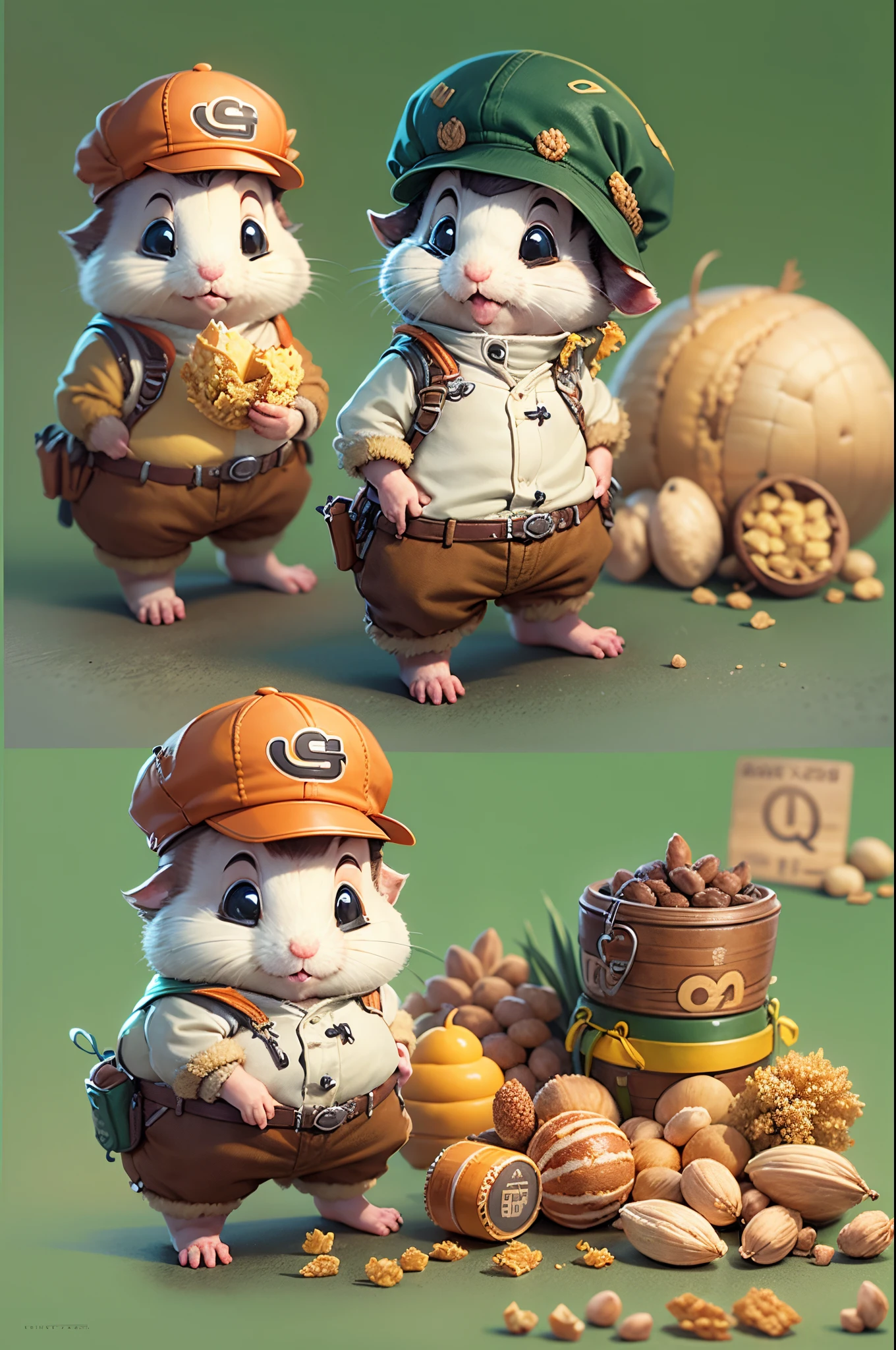 Q version，Chunky Hamster Adventurer，Cute and cute，adventurer clothing，adventurer hat，backpacks，（Low angle viewing angle：1.4），Huge warehouse，Rich in ingredients，potatoes，corn flake，soybean，appearance，pine nut，peanuts，walnuts，high saturated，hight contrast，vivd colour，hyper realisitc，ultra real photo，ultra - detailed，ultraclear，hyper-detailing，tmasterpiece