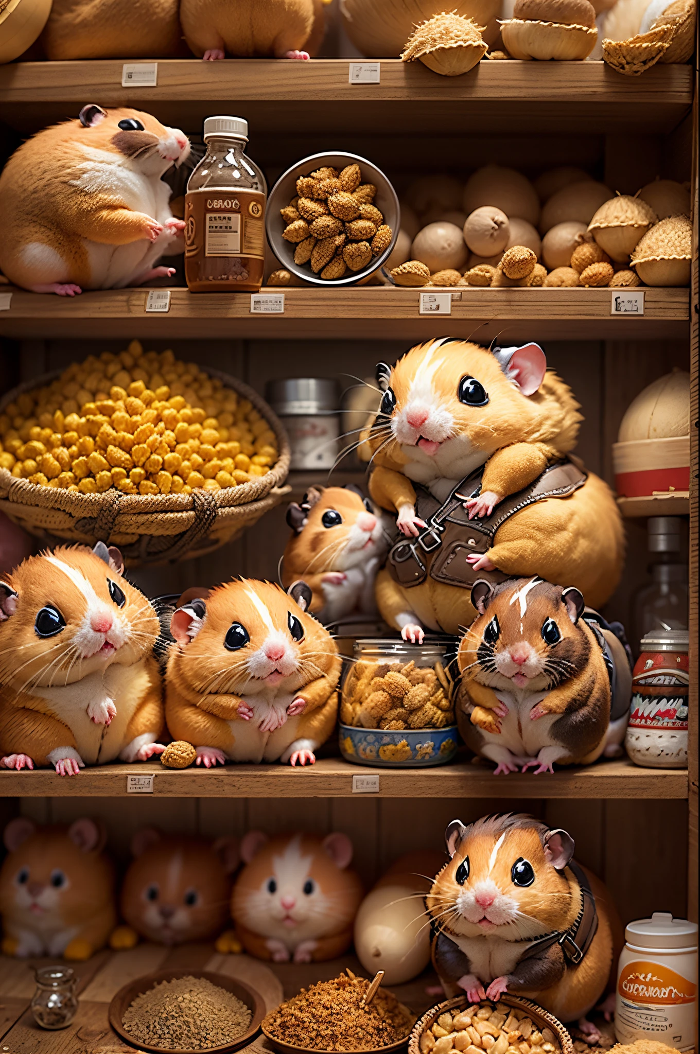 Q version,Chunky Hamster Adventurer,Cute and cute,adventurer clothing,adventurer hat,backpacks,(Low angle viewing angle:1.4),Huge warehouse,Rich in ingredients,potatoes,corn flake,soybean,appearance,pine nut,peanuts,walnuts,high saturated,hight contrast,vivd colour,hyper realisitc,ultra real photo,ultra - detailed,ultraclear,hyper-detailing,tmasterpiece