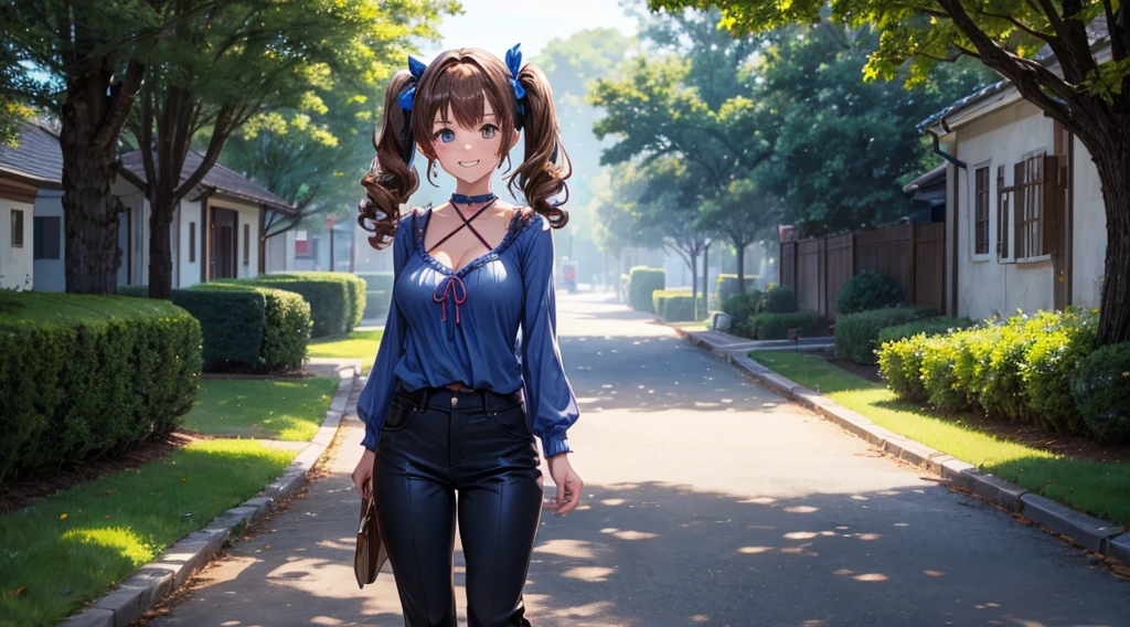 1girl, solo, full body, standing, summer, village, trees, brown hair, curly hair, twintail, large breasts, ((blue top)), cleavage, dark blue eyes, pants, shoe, grin, looking at the viewer, hair ribbon, hair clip, necklate, ear rings