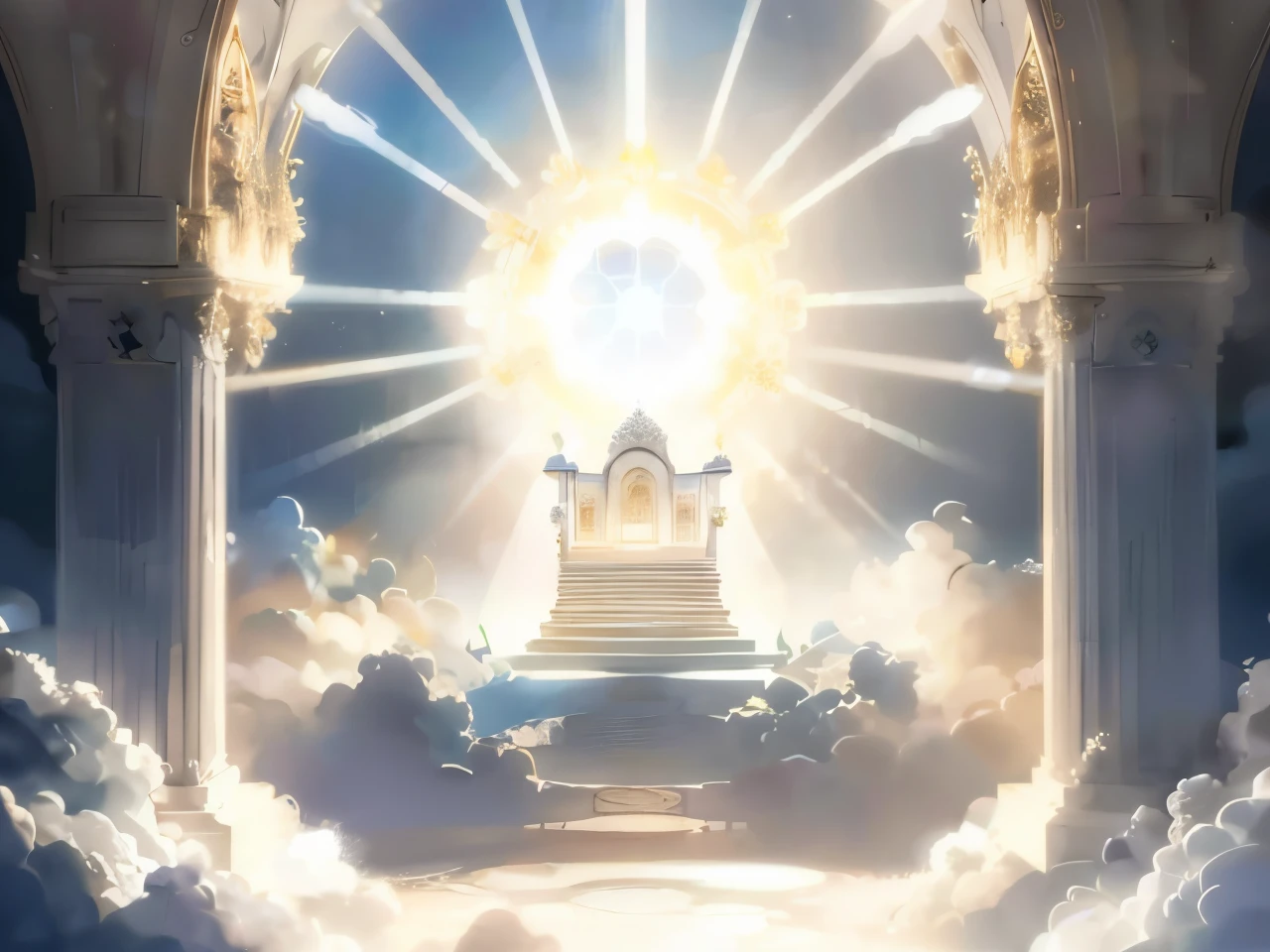 a photo taken of a door to heaven with a staircase leading to a throne, Luz Celestial, luz brilhante celestial, light kingdom backdrop, gold gates of heaven!!!!!!!!, Raios de Luz Sagrada Sagrada, O Trono Brilhante, heavens gate, reino divino dos deuses, heaven background, Luz majestosa, deus raios solares, the gates of heaven, heaven, heaven!!!!!!!!, Abrindo um portal brilhante