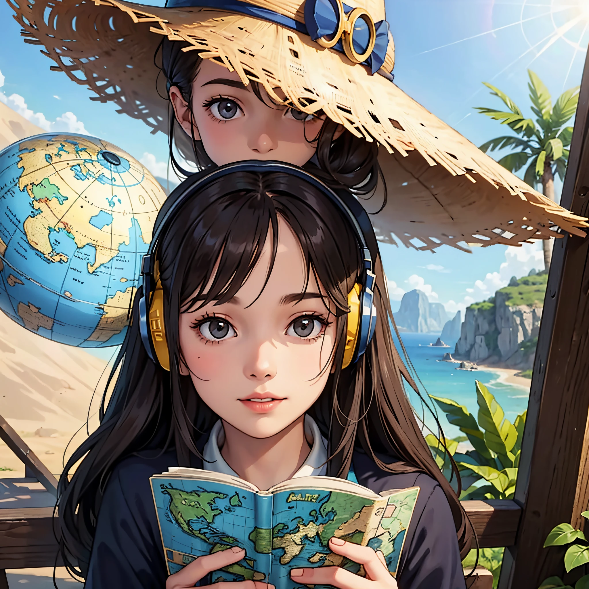 lofi happy one brunette girl with headphones thinks over the map about her travel goals. deep thinking. travel clothes, hat. maps, globes, books, plants, navigation tools in background. many souvenirs in background. long hair. closeup on her face. white light