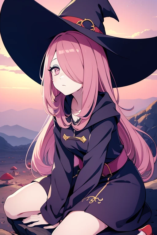 tmasterpiece,Best quality at best,high qulity, Best quality at best, 4K,8K,Suzy Mambavalan, Witch hat, Dark pink hair, nigh sky, As estrelas, hair over eye, illustratio,style of anime, pale-skinned, Sagging eyes, sleepy expression, Beautiful curves, is sitting on a rock, mushroom field, hands on side,Amnur, anime art style, eye bags