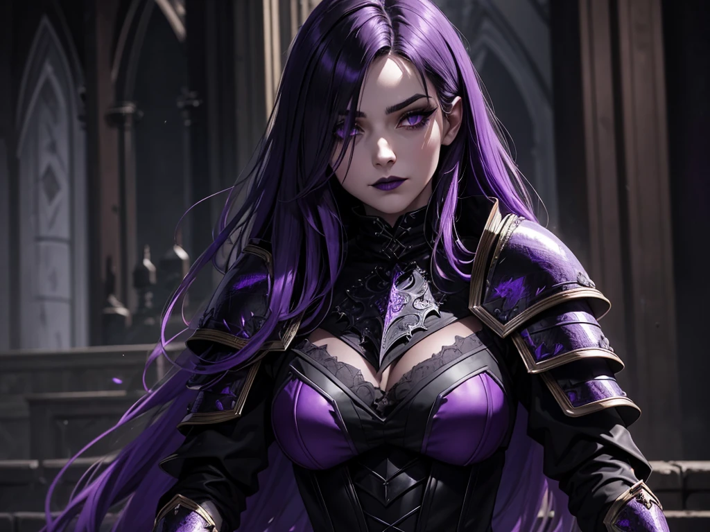 An adult vampire wizard character wearing a very detailed and beautiful gothic armor in black and purple color. Seu cabelo com corte em estilo curto, black lip color, cor roxa dos olhos;, manto, capuz, caminhando, 8k, Magnificent, Black and purple Gothic armor, capa