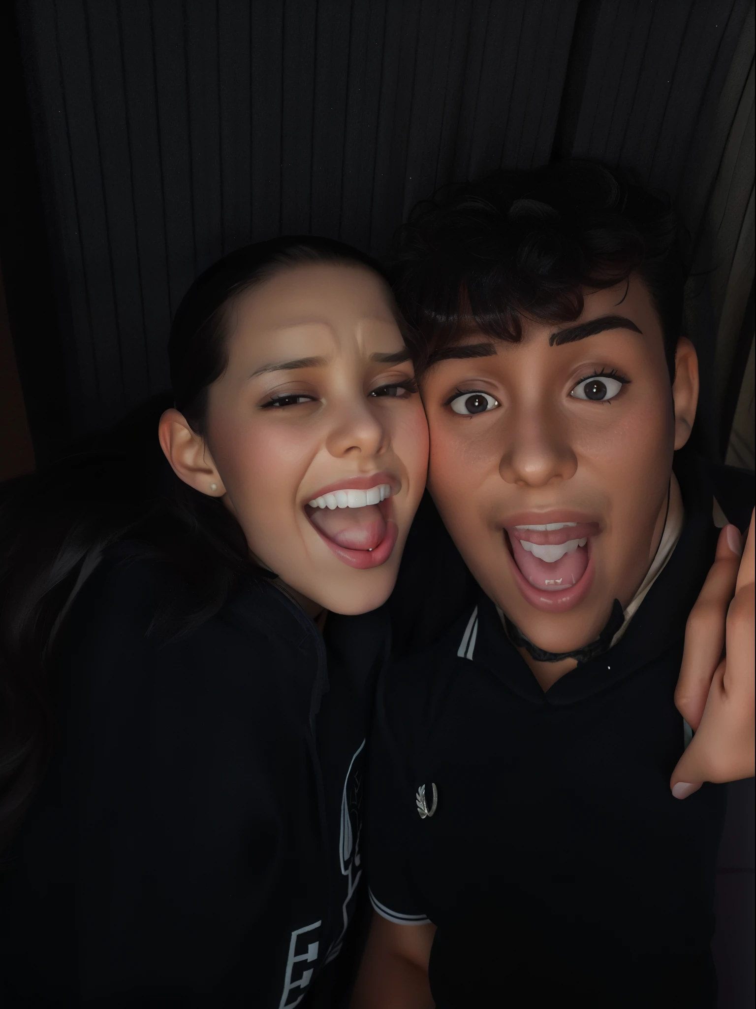 Posan juntos para una foto con la boca abierta, Malika Favre, both smiling for the camera, Thomas Danthony y Malika Favre, Charli Bowater y Artgeem, aterrado 👿, by Amelia Peláez, muy emocionado, son hermanos, sonrisa loca, lengua fuera, suave en _ Los antecedentes, por Alexis Grimou