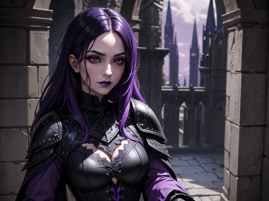 An adult vampire wizard character wearing a very detailed and beautiful gothic armor in black and purple color. Seu cabelo com corte em estilo curto, black lip color, cor roxa dos olhos;, manto, capuz, caminhando, 8k, Magnificent, Black and purple Gothic armor, capa