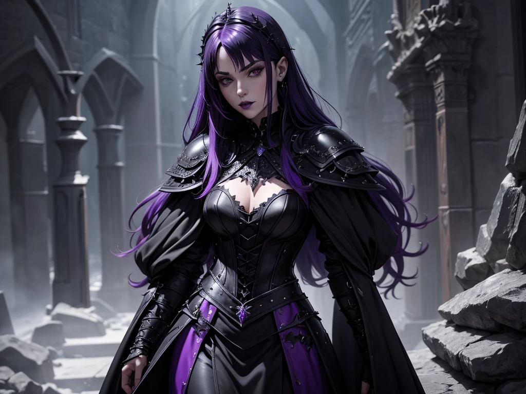 An adult vampire wizard character wearing a very detailed and beautiful gothic armor in black and purple color. Seu cabelo com corte em estilo curto, black lip color, cor roxa dos olhos;, manto, capuz, caminhando, 8k, Magnificent, Black and purple Gothic armor, capa