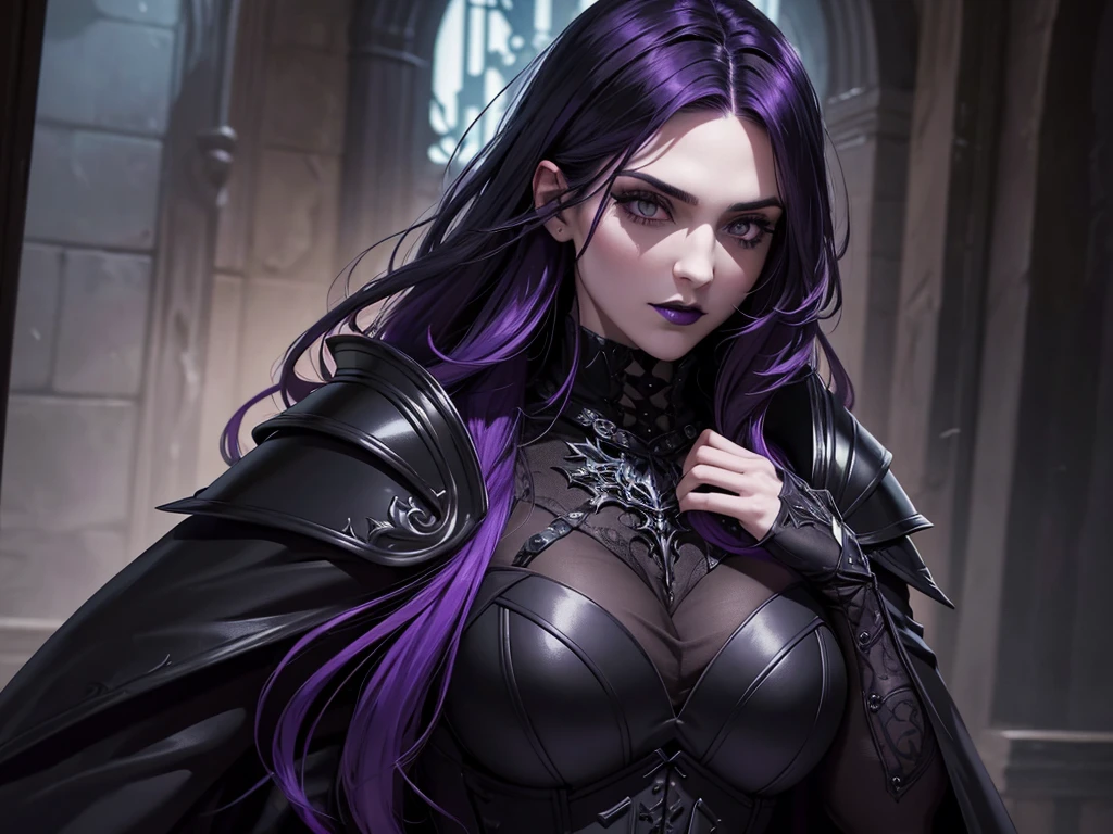 An adult vampire wizard character wearing a very detailed and beautiful gothic armor in black and purple color. Seu cabelo com corte em estilo curto, black lip color, cor roxa dos olhos;, manto, capuz, caminhando, 8k, Magnificent, Black and purple Gothic armor, capa