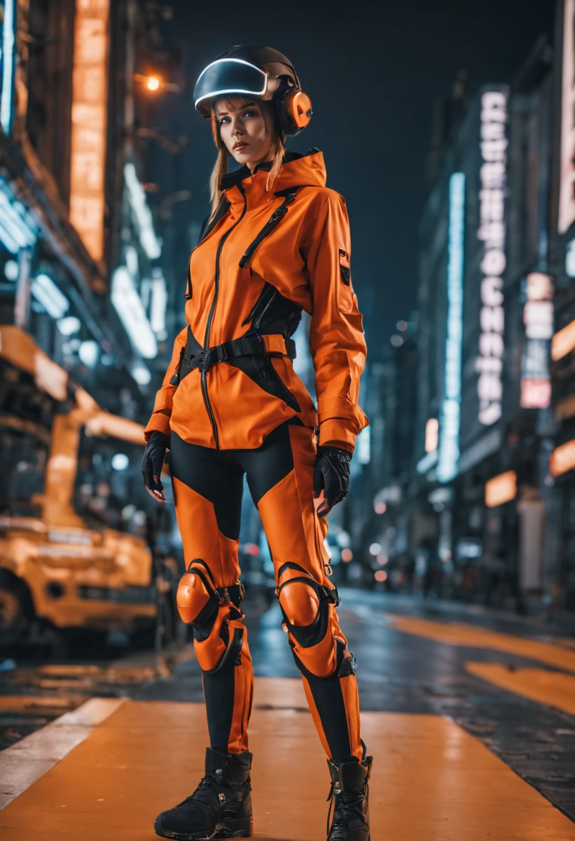 (original: 1.2), masterpiece, best quality, a woman with a fantastic cyberhelmet, wearing a orange techwear jacket, cool pose, long legs, on the street